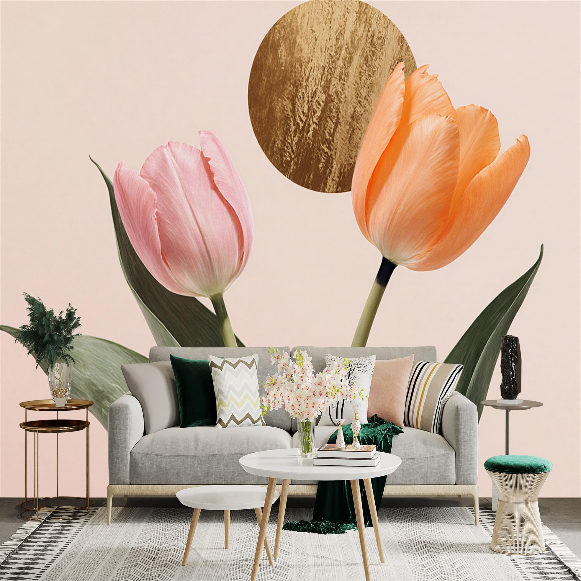 Custom Size Wall Sticker Mural， Pink and Orange Tulips with Abstract Golden Circle， Minimalist Floral Art， Elegant Botanical Decor， for wall Decoration， peelandstick wall Decals.
