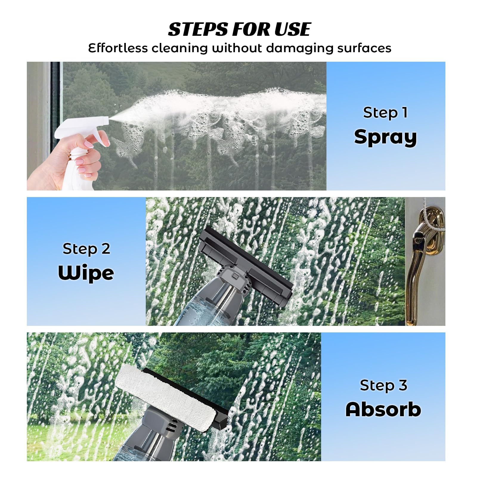 auvstarLimpiador Ventanas Eléctrico con Mango Telescópico,Set Limpiacristales Electrico,Aspirador Ventana,Limpia Cristales sin Cable,Autonomía de Batería: 30 min, Tanque Transparente 500ML