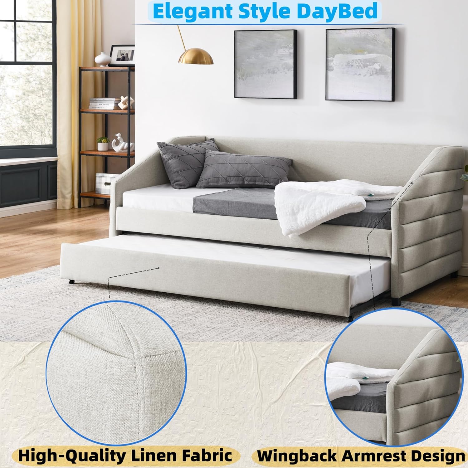 Flieks Twin Size Upholstered Daybed with Trundle, Linen Fabric Upholstered Sofa Bed, Wheeled Trundle Daybed with Wood Frame, No Box Spring Needed, Beige