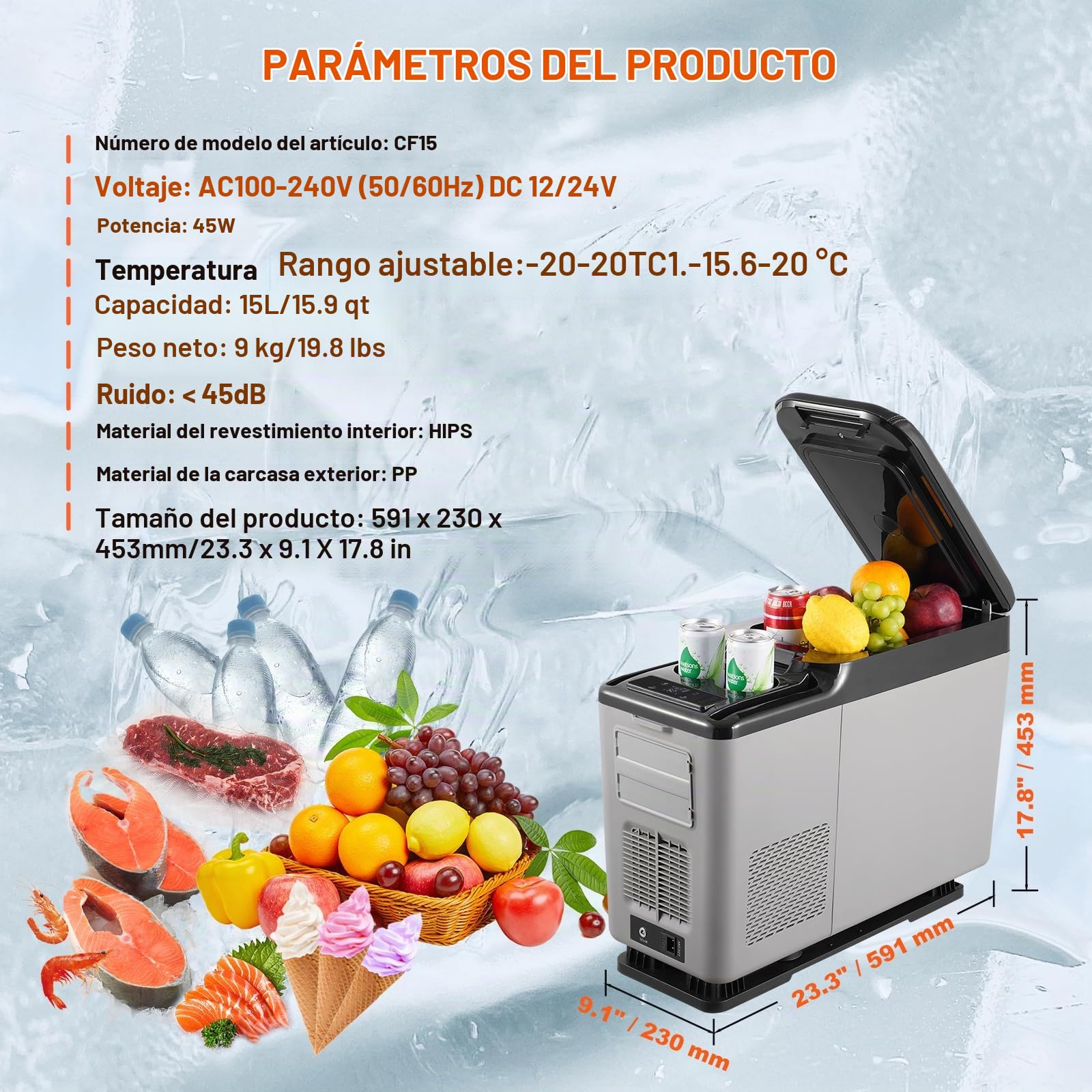VEVOR Nevera de Compresión Portátil 15 L Mini Nevera con Reposabrazos para Coche 12/24V CC y 100-240V CA Mini Nevera de Zona Única -20°C a 20°C Ajustable para Coche Camión Barco Casa Camping
