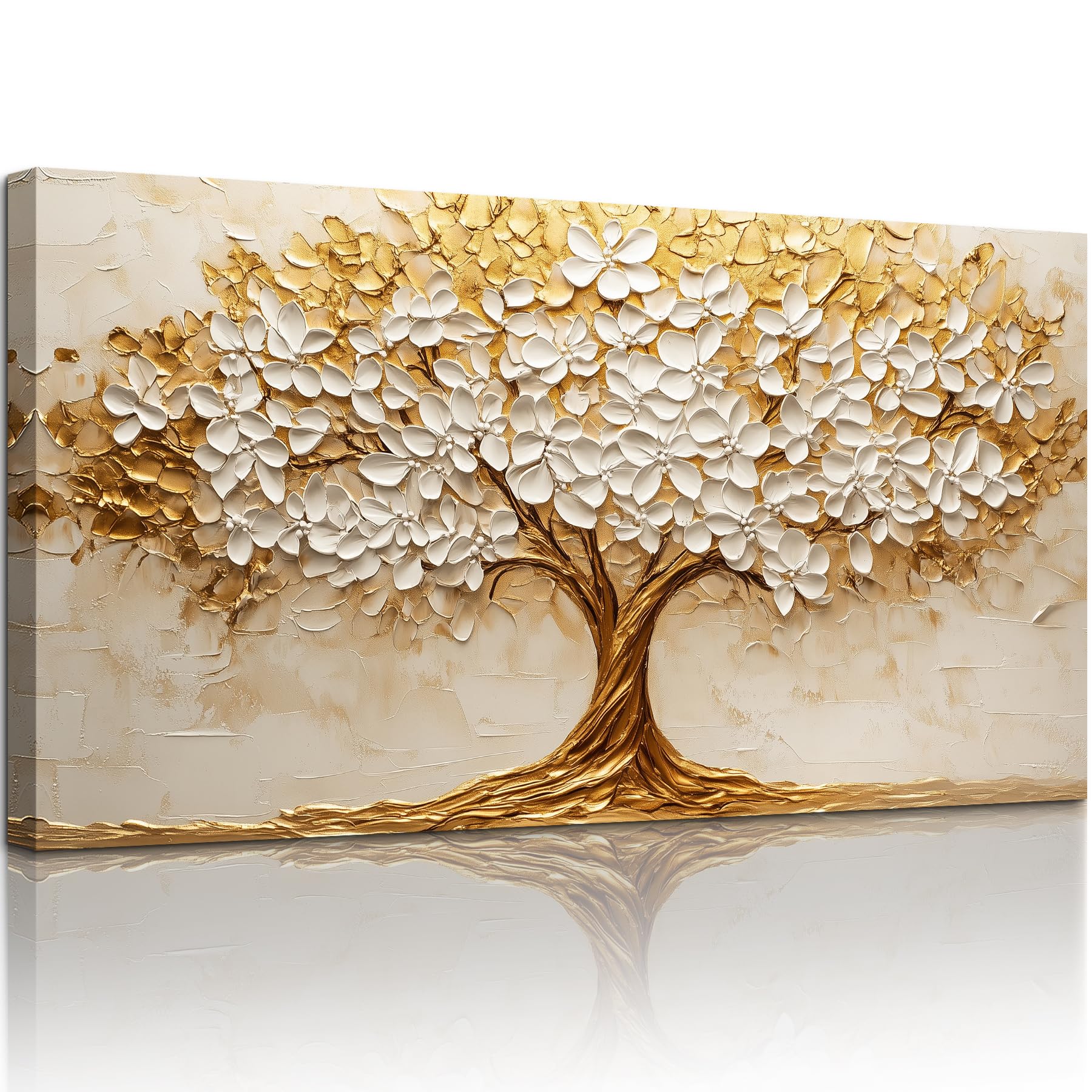 MHARTK66 Tableau Decoration Murale Salon Moderne, 50x100 cm Grand Impression sur Toile, Cadre Decoration Murale Arbres Dorés aux Fleurs Blanches, Décoration de Chambre Salle De Bain Maison Décorations