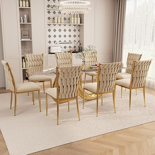 Miniatura 15 de Juego de 6 sillas de comedor de terciopelo, modernas sillas de cocina tejidas con patas de metal plateado, cojín tapizado con respaldo alto, Patas