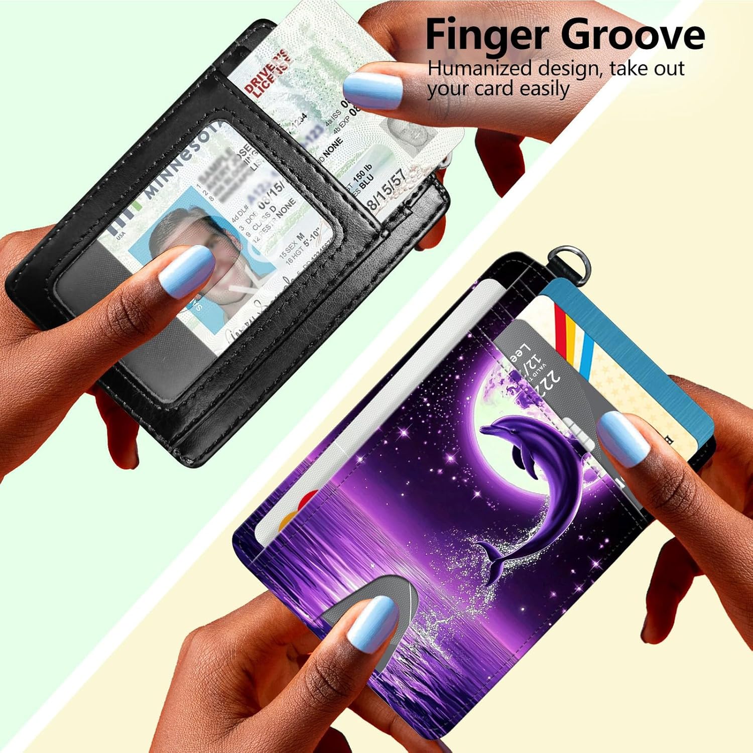Slim Minimalist Wallet for Men Women Small Credit Card Holder Wallet Front Pocket RFID Blocking Wallets Travel Card Case with ID Window Card Organizer & Wristlet,Purple Moon Dolphin Jumping - Image 4