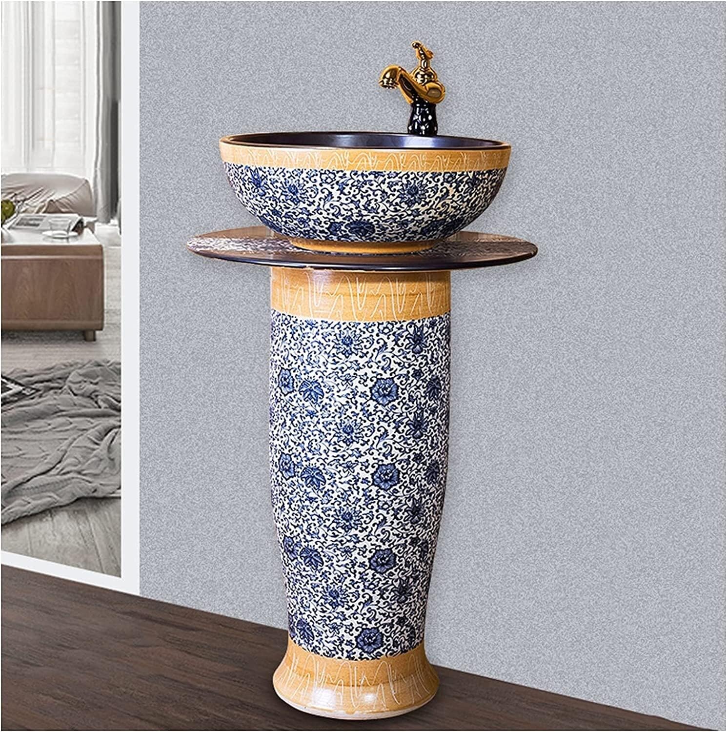 Full Pedestal Art Bathroom Basin Sink Pedestal Bathroom Sink Ceramic Retro Industrial Style Decorative Pedestal Hard and Easy to Clean (A)