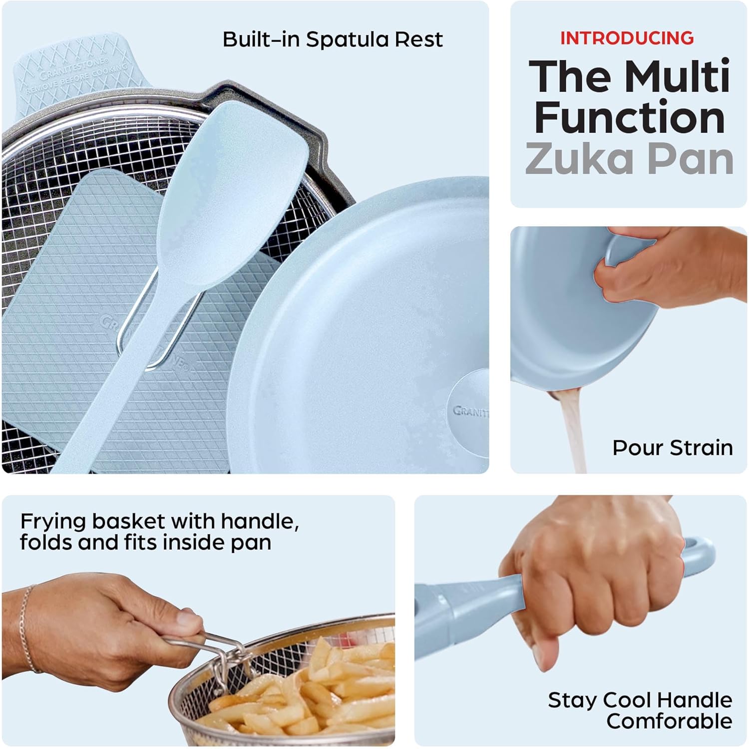 ZUKA 10 in 1 Ceramic Pan by Granitestone, Large 10 Inch Saute Pan with Lid Serves as Deep Frying Pan Set with Steamer, Everyday Skillet, Non Toxic Ceramic Nonstick, Induction Oven & Dishwasher Safe