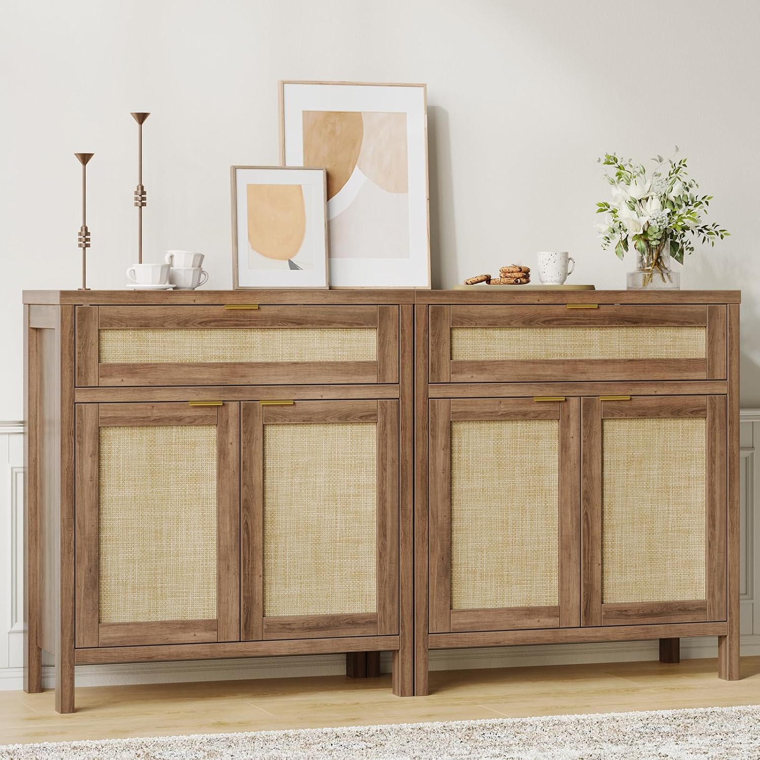 Yanosaku 30" Rattan Buffet Cabinet Set of 2, Boho Kitchen Sideboard with Drawer & Adjustable Shelf, Modern Sideboard Storage Console for Kitchen, Entryway, Walnut