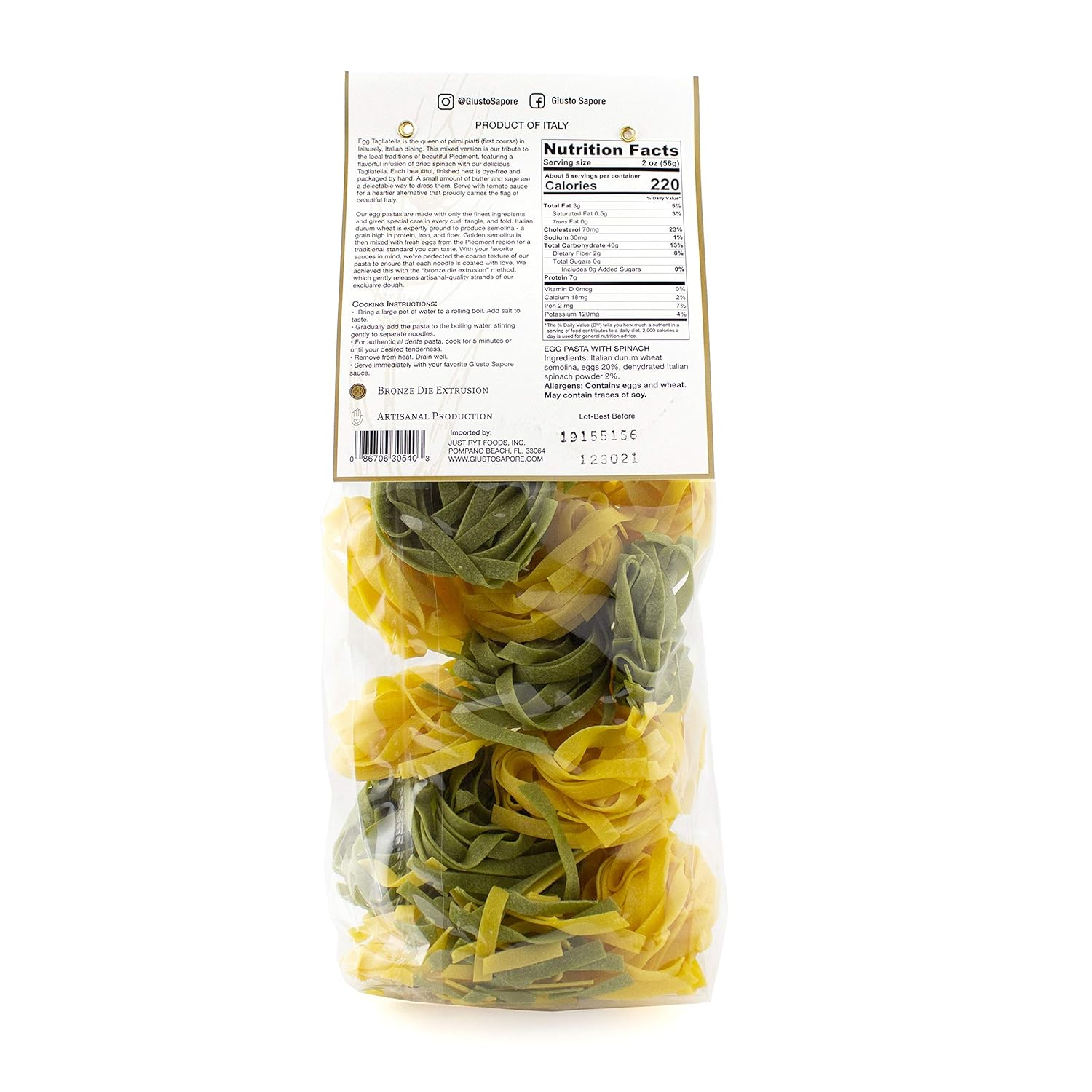 Giusto Sapore Italian Pasta - Egg 340g - Premium Bronze Drawn Durum Wheat Semolina Gourmet Pasta Brand - Imported from Italy and Family Owned (Paglia e Fieno, 6 Pack)