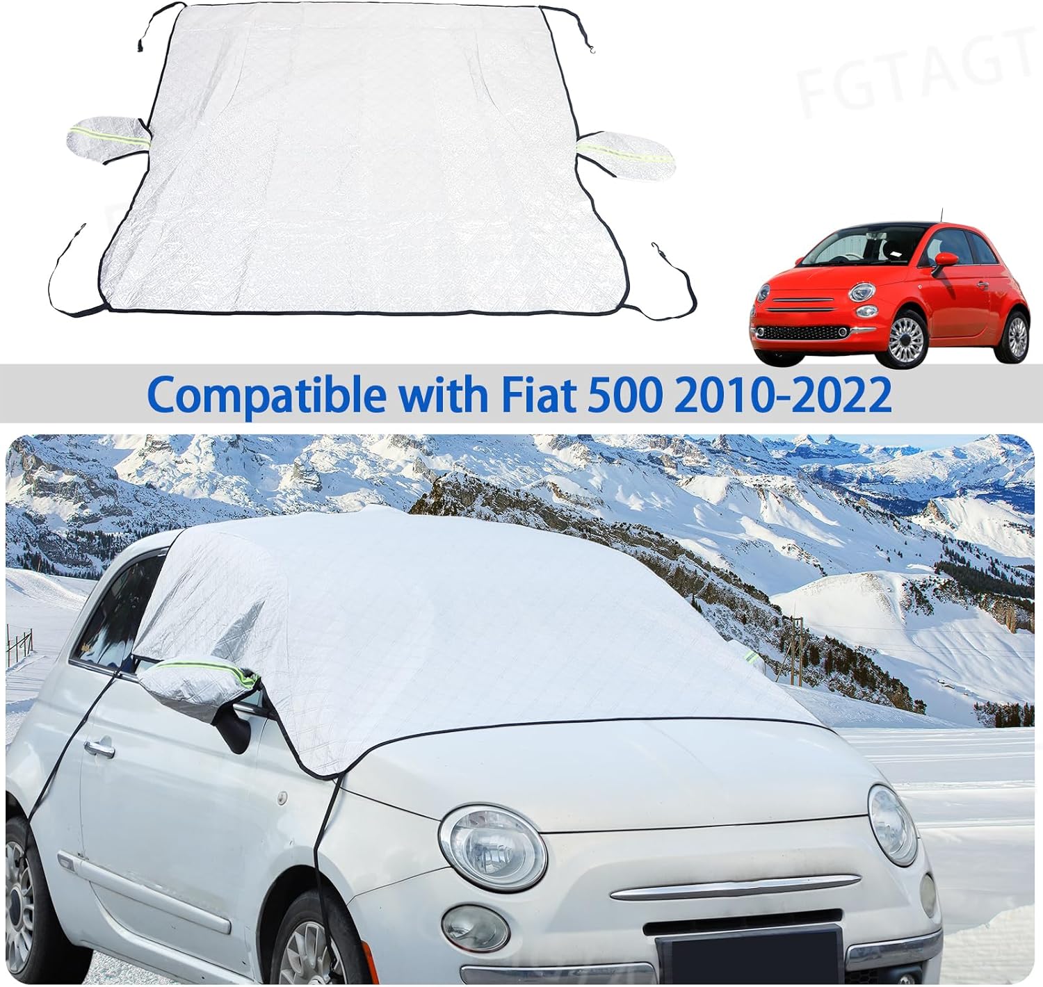 Windshield Snow Cover Fit for Fiat 500 2010-2025, Front Windshield Cover for Ice and Snow, Auto Extra Thick Windshield Ice Cover Protects Windshield from Rain, Sun, Frost