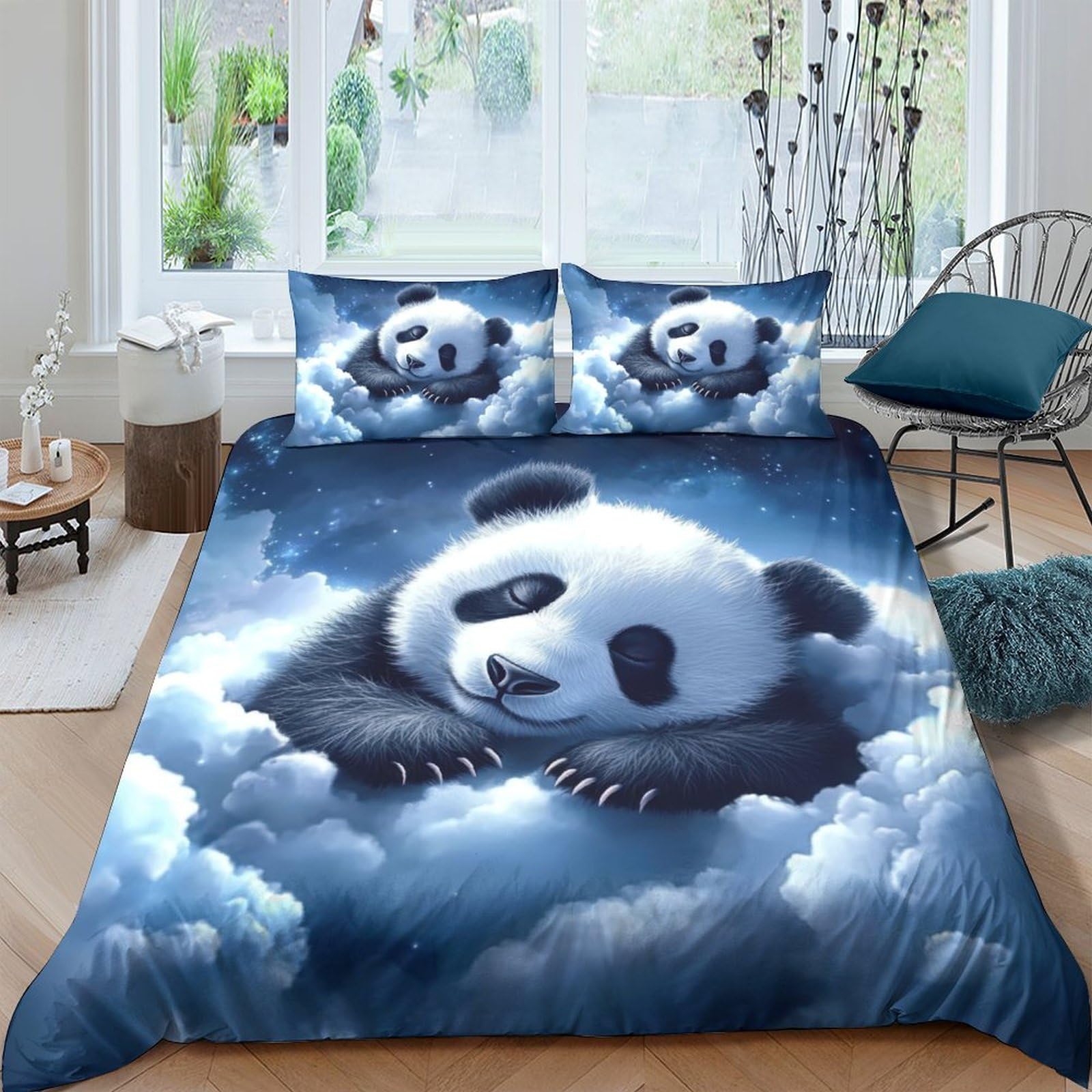 Ctjqhvkz Style-3 3D Printed Dreamy Panda Clouds Fitted Sheet Microfiber Soft Blue Bed Cover For Bedroom Guest Room Decor Protection Single（135X200cm）