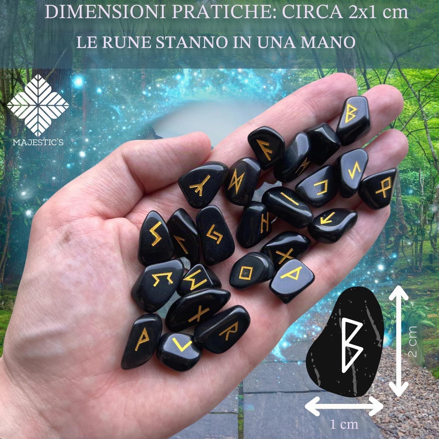 Rune Celtiche Vichinghe Ossidiana Nera, Set x25 Pietre Lucide Semi Preziose Incise (2 cm x 1 cm) + Sacchetto Nero + Libro Pratico (PDF) - Alfabeto runico Futhark per divinazione e cartomanzia