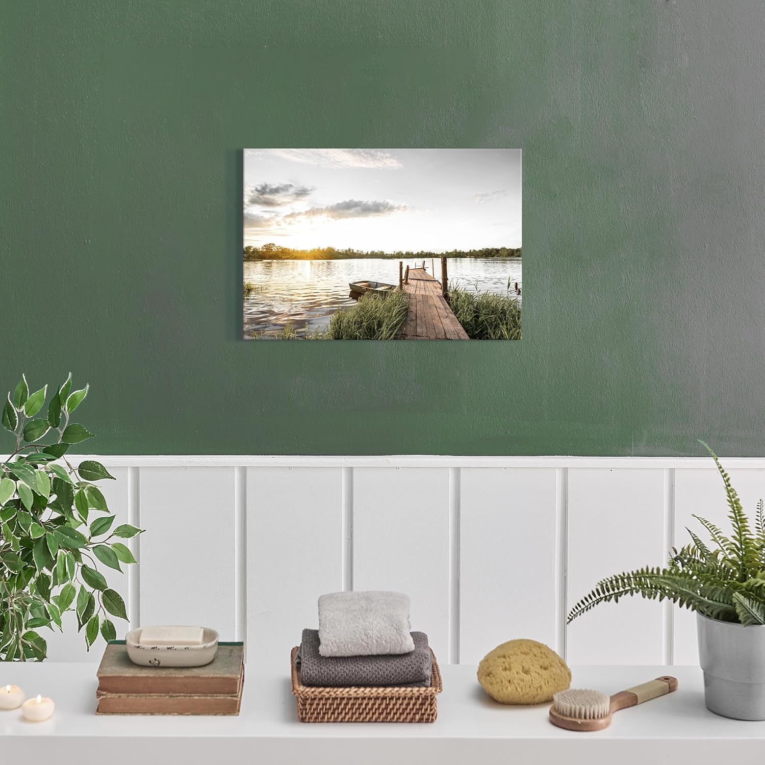Sea Whisper Lake Sunset Canvas Wall Art: Boat Picture Nature Landscape Prints Lakeside Reed Painting Dock Scene Artwork for Bedroom Living Room Home Office