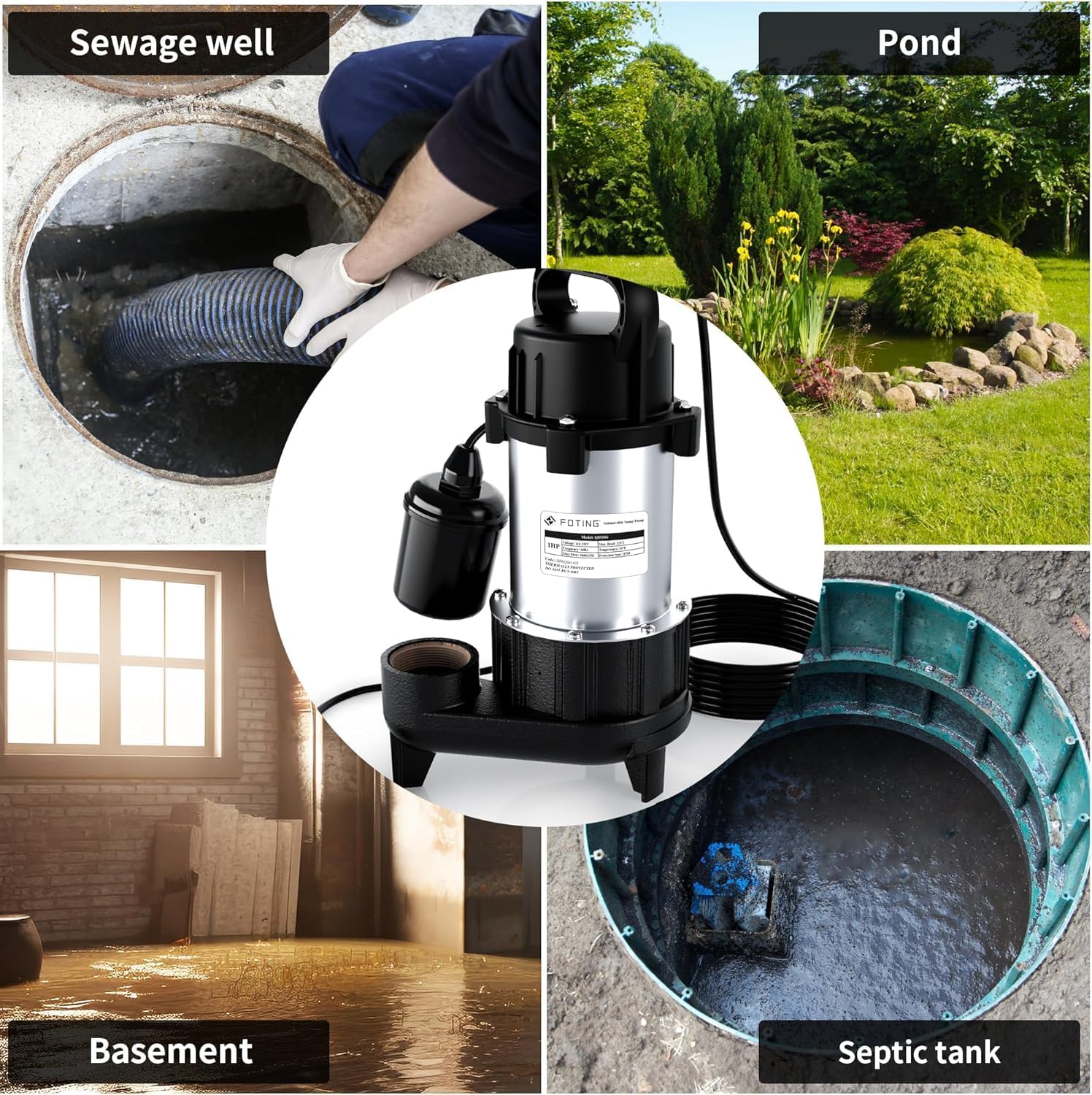 FOTING 1HP 5600 GPH 40FT Sump Pump Submersible Sewage/Effluent Pump - Heavy Duty Cast Iron Automatic/Manual - 115V Septic Pump for Sump Basin/Residential/Sewage/Basement, 2'' NPT,Black