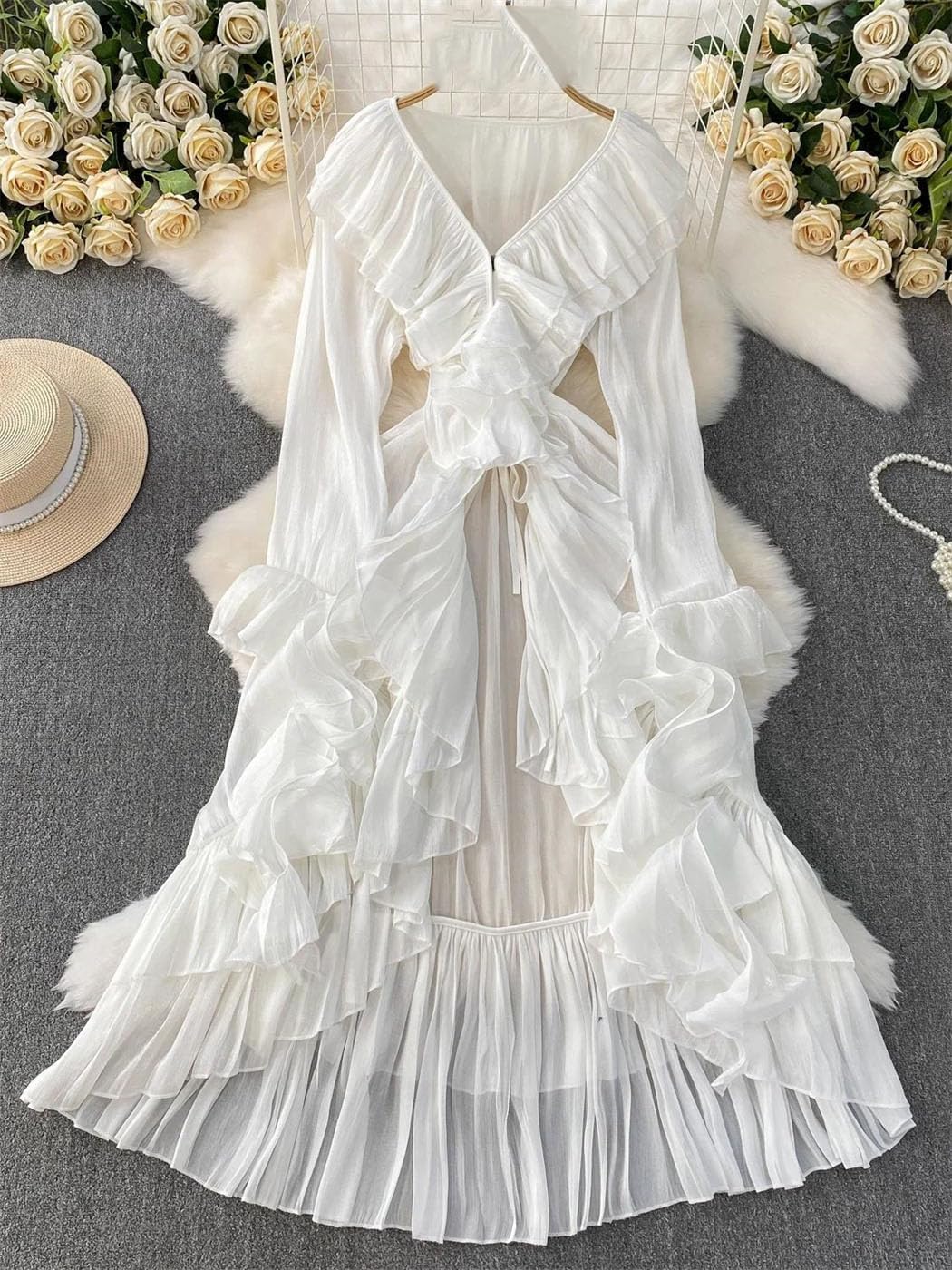 Women's Casual V-Neck Flared Dress High Waist Flowing Designs Versatile Summer Prom Tea Party Evening Gown