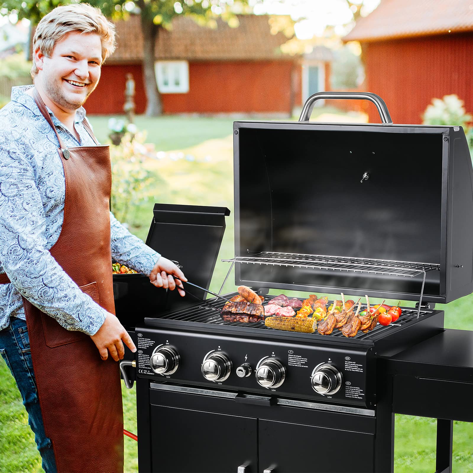 Barbecue Gaz sur Chariot 4+1 Brûleurs 14.05KW avec Plaque Latérale, Thermomètre, Allumage par Impulsion