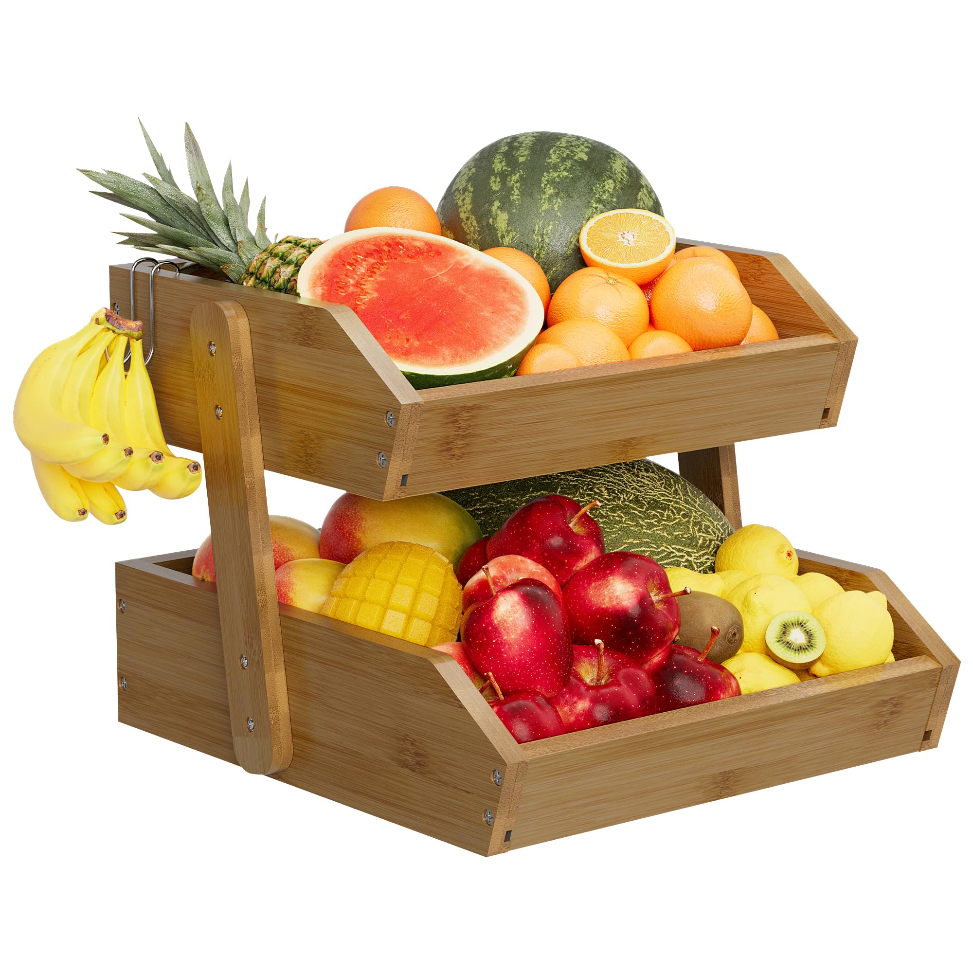 Photo 1 of 2 Tier Fruit Basket for Kitchen Counter, Large Capacity Fruit Storage Countertop, Fruit Holder, Wooden Pantry Organizers and Storage, Kitchen Countertop Organizer With 2 Banana Hangers (Walnut)