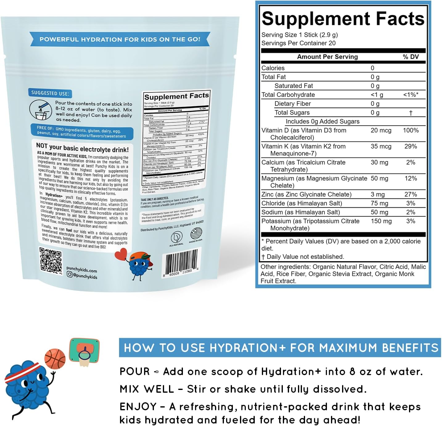 Hydration+ Electrolyte Drink Mix for Kids – Sugar Free, Immune & Bone Support with Vitamin D, Zinc & K2 – Blue Raspberry, 20 Stick Packs - Image 7