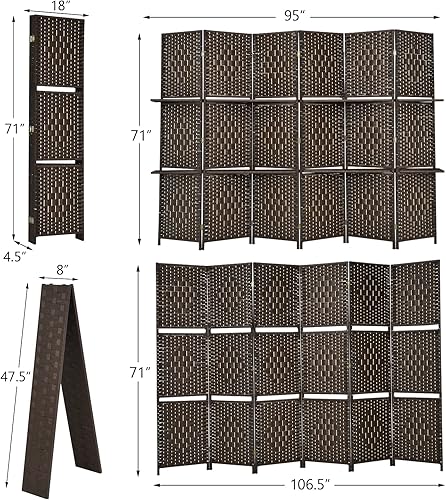 Miniatura 6 de Giantex Divisor de habitación de 6 pies y 6 paneles con estantes, pantallas de privacidad plegables de ratán tejido a mano para separación de