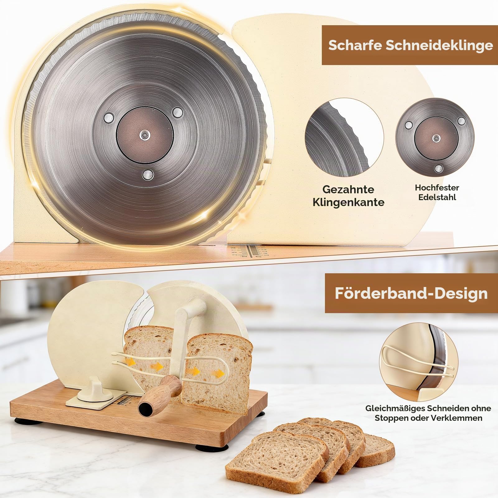Brotschneidemaschine manuell mit Holzrahmen & Edelstahlklinge, Einstellbare Schnittstärke 0-2 cm, Ideal für Brot, Baguette & Brötchen, Hobel für gleichmäßige Scheiben