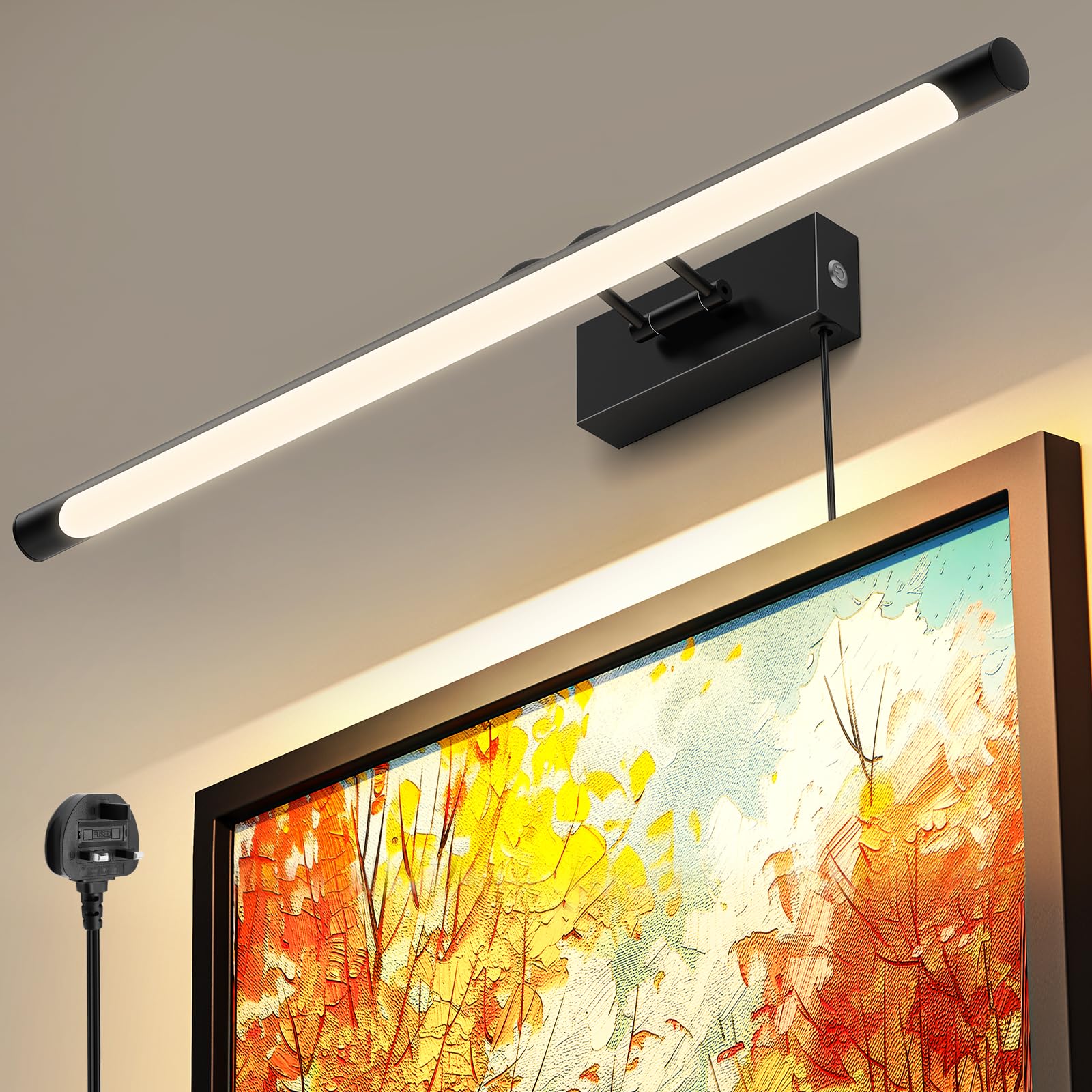 HURYEE Picture Light for Wall Mural Art Light, Painting Lights for Large Portrait, Paintings Art, Picture, Gallery Brightness Adjustable 3000K Warm White Plug in with On/Off Switch (Black, 24inch)