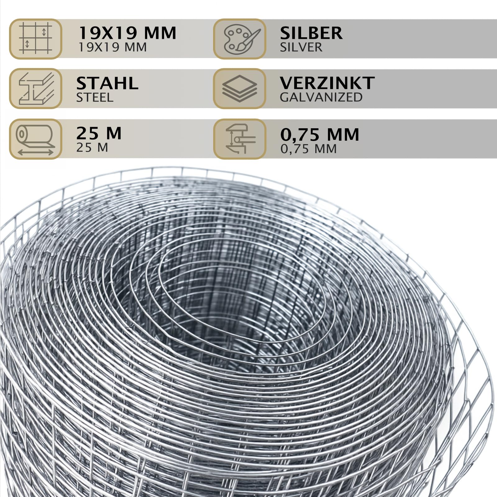 HAGO 24, filo per voliera, zincato, in acciaio, 25 x 1 m, 19 x 19 mm, 0,75 mm, rete metallica per animali, voliera per uccelli, copertura, griglia di protezione, orticoltura