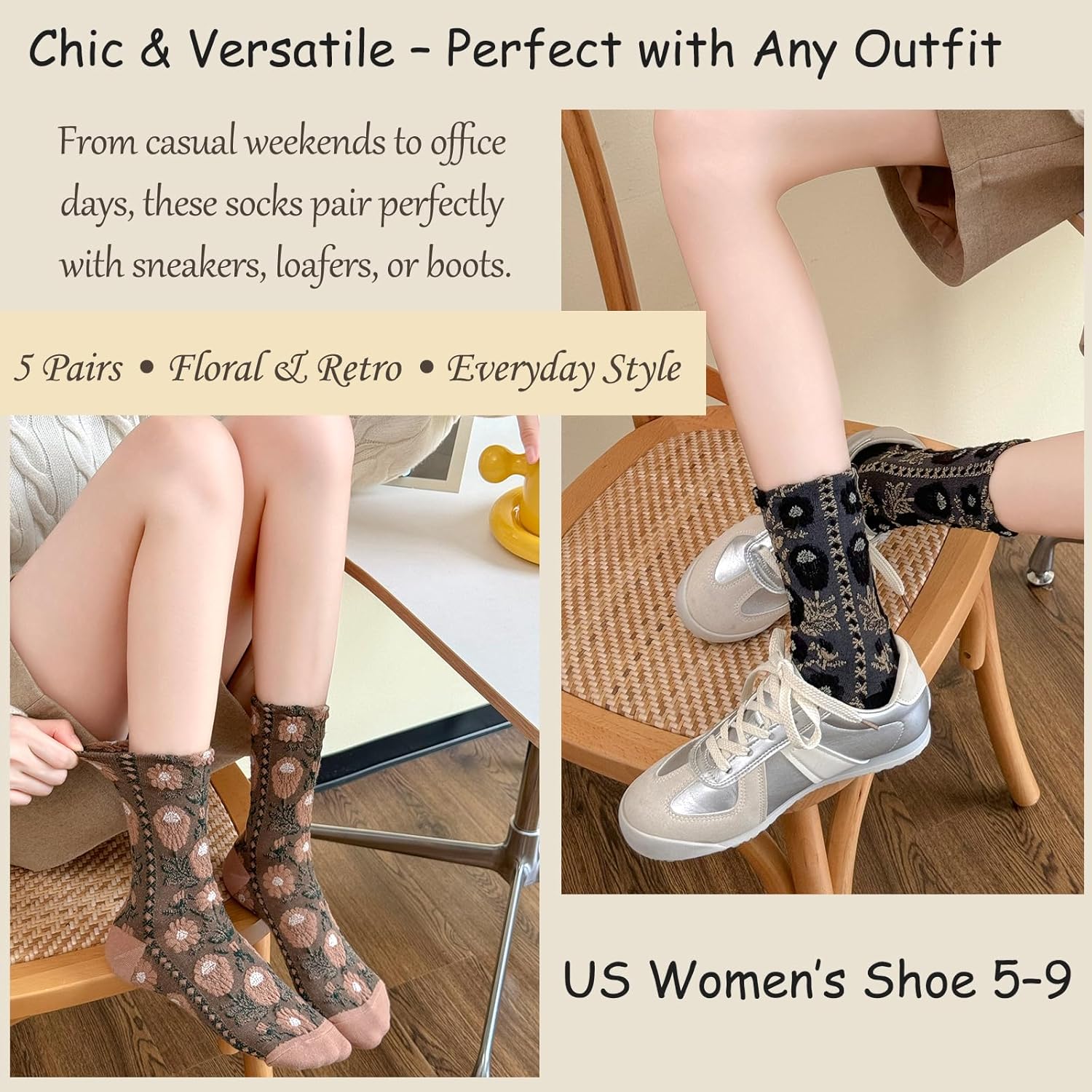 DXYAKY Women’s Floral Embroidered Crew Socks, 5 Pairs Vintage Novelty Ruffle Cotton Dress Socks, Elegant Breathable Cute Girl - Image 6