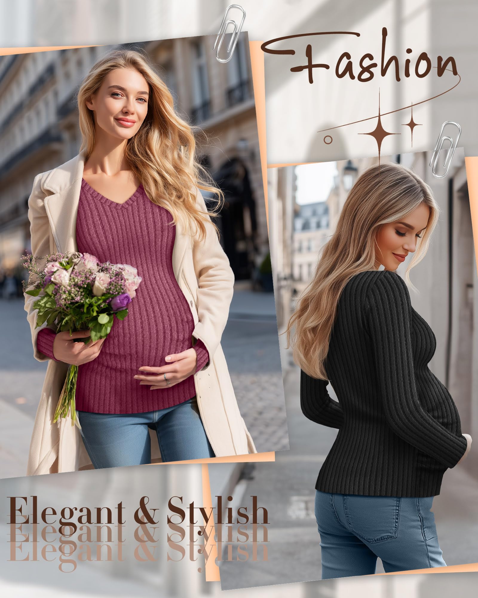 Ficerd Camisetas de Maternidad 3 Piezas, Ropa de Embarazo de Manga Larga, Cuello en V, suéter Acanalado para mamá