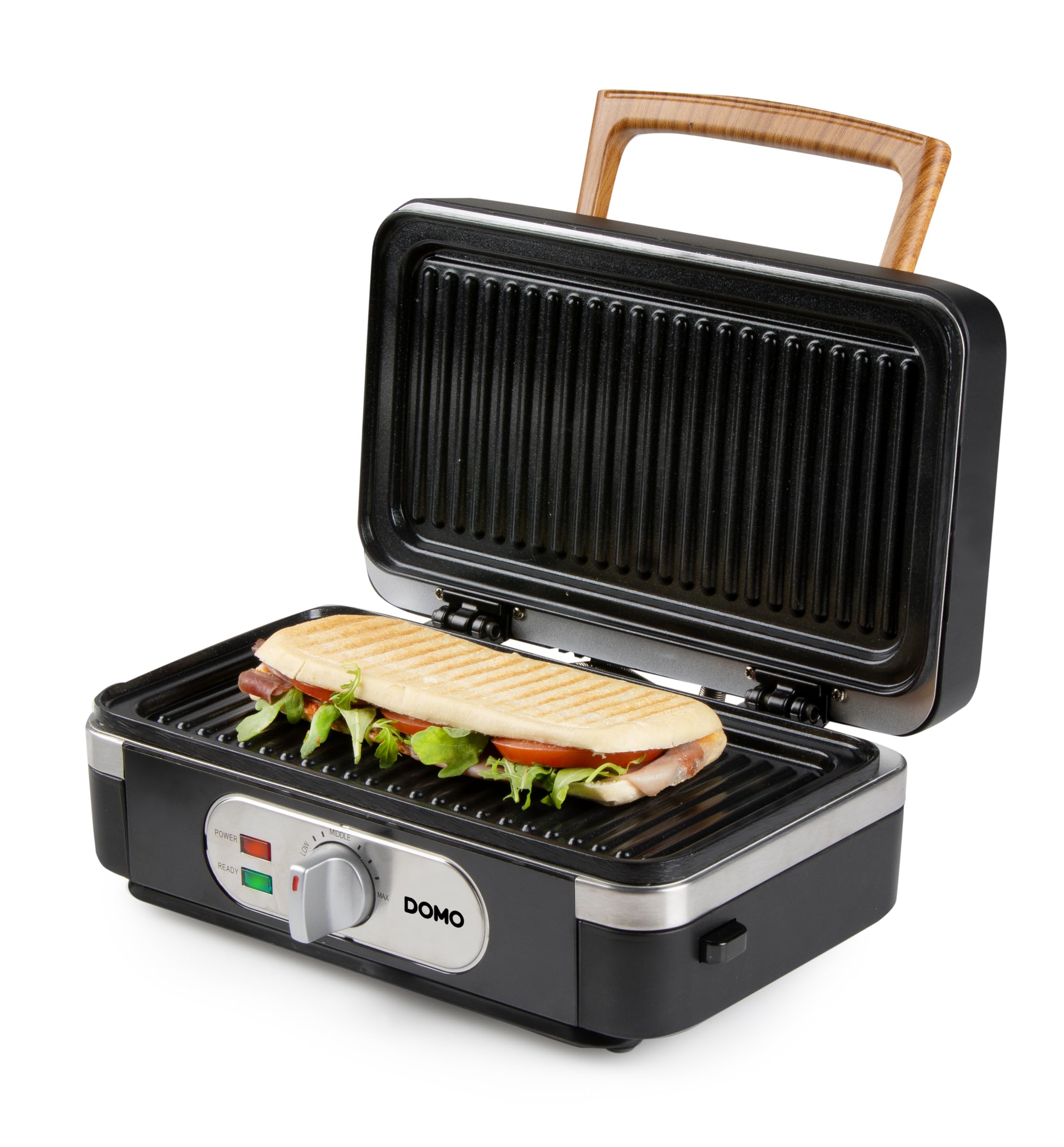 DOMO DO9278C Multifunktionsgerät 3-in-1 - Sandwichmaker - Waffeleisen - Kontaktgrill - 1100W - Mattes Design in Schwarz mit Holzgriff