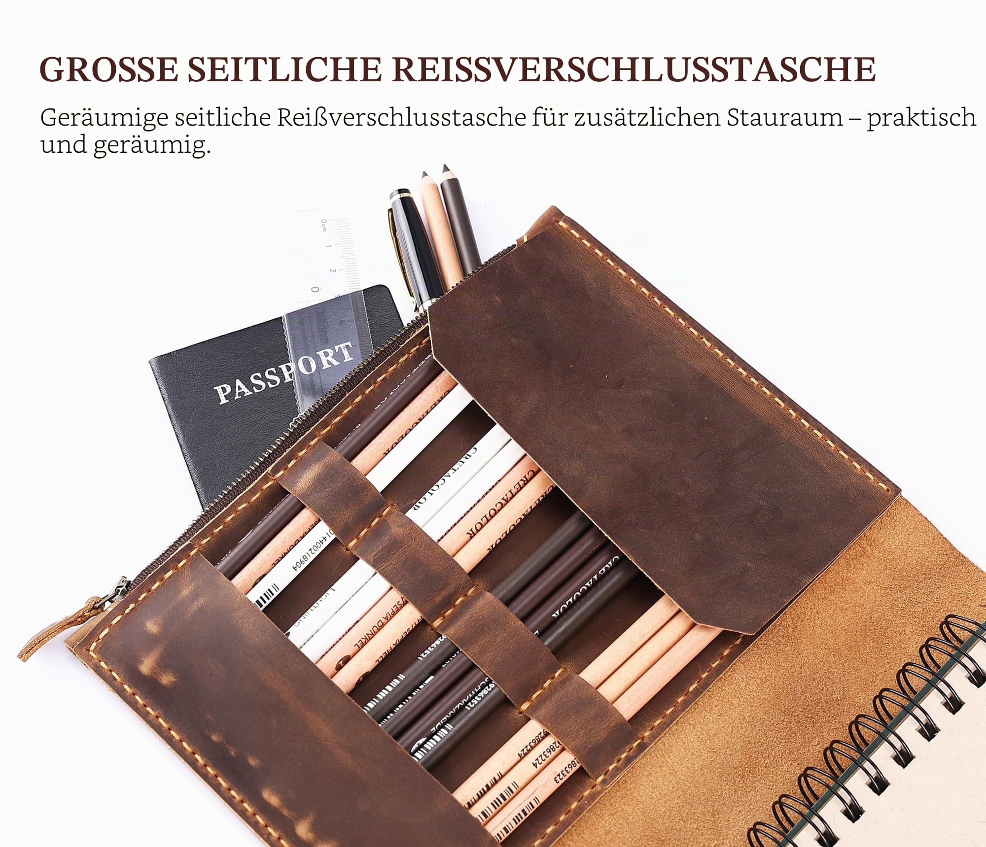 Skizzenbuch-Einband aus Leder für A5/14 x 21,6 cm Skizzenblöcke, handgefertigtes Künstleretui aus echtem Leder, mit Stifthalter und Reißverschlusstasche, professionelles Zeichenzubehör (Braun