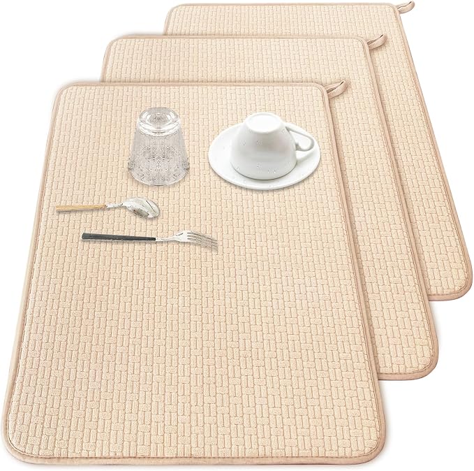 3 Pcs XXL Dish Drying Mats,Absorbent Microfiber Drainer Mat,Large Size 24×17" Pads for Kitchen,Countertops,Under Sink,Draining Racks,Coffee(Beige)