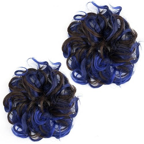 Miniatura 4 de 2 piezas de cabello de moño desordenado, extensión de cola de caballo, extensiones onduladas y rizadas, diadema para mujeres y niñas (2 unidades,