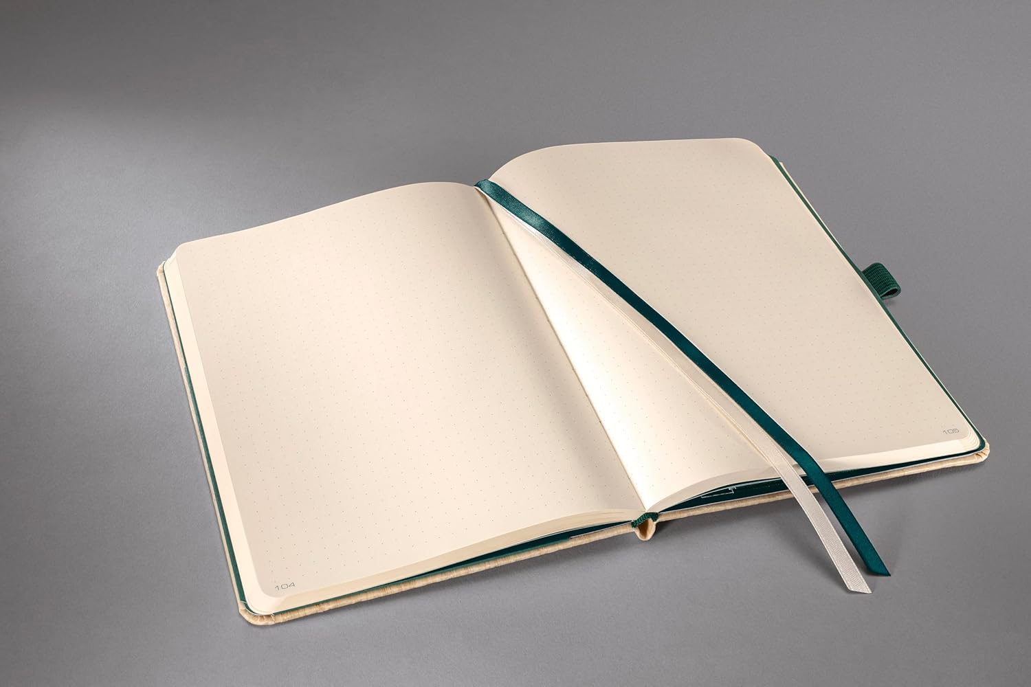 Open Sigel notebook showing dotted pages and a green ribbon bookmark