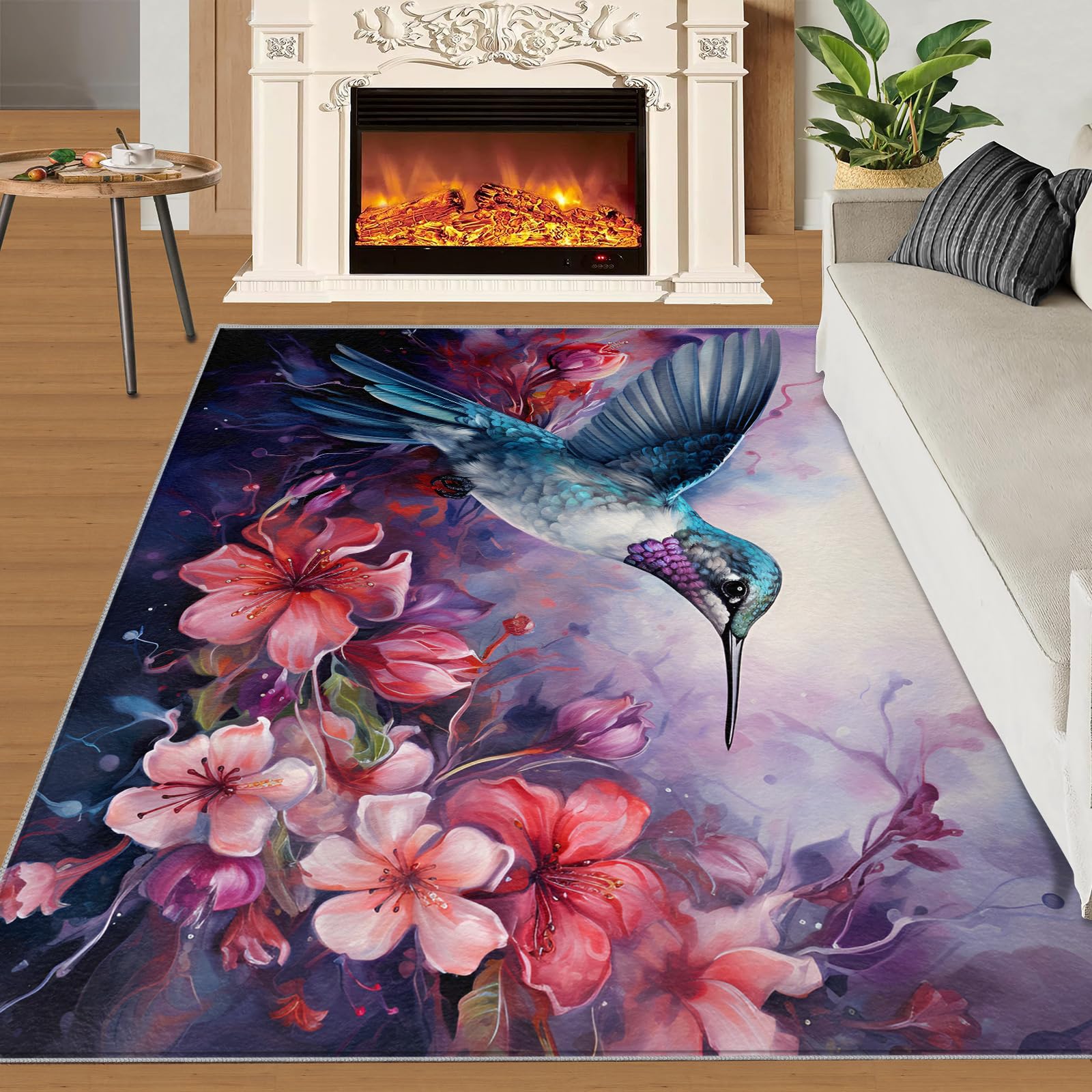Tapis colibri lavable 177x140 cm grand tapis floral rose antidérapant salon