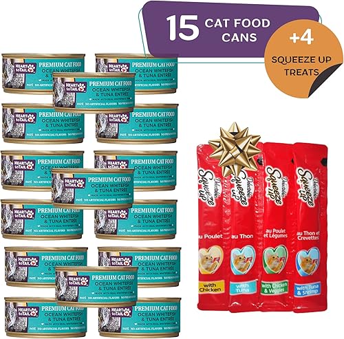 Miniatura 2 de HEART TO TAIL CAT Food 5.5 onzas (paquete de 15) pescado blanco y atún oceánico + regalo Squeeze UP (4 ONU) pescado blanco océano y atún Entree