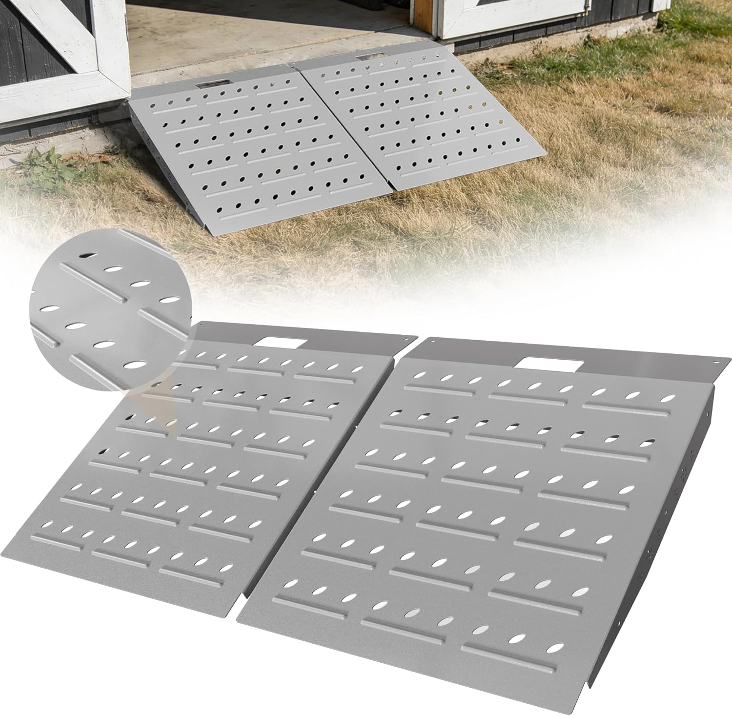 VNN 29" x 48" Shed Ramps - Slivery Loading Ramp for Riding Mower, 2 Packs Ramps for Sheds，1800 LB Capacity Alloy Loading Dock Ramp for Garages, Barns