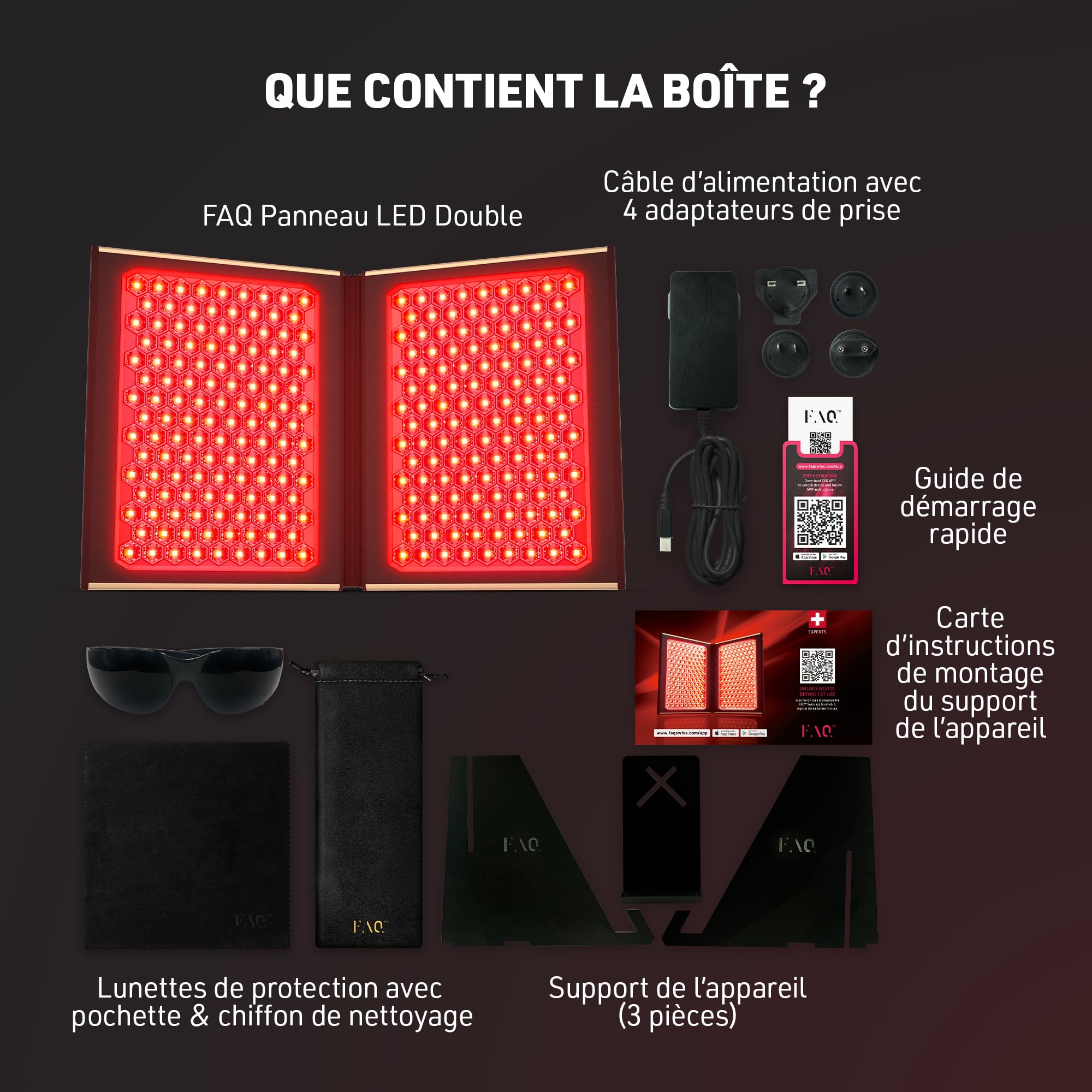 FAQ Panneau LED Double – Lampe multicolore et infrarouge à 512 LED pour le bien-être, la relaxation à domicile et la routine de soins de la peau