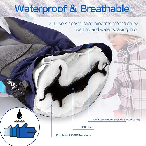 Miniatura 4 de Unigear Guantes de esquí para niños, impermeables, para invierno, clima frío, snowboard y snowboard, se adaptan tanto a niños como a niñas