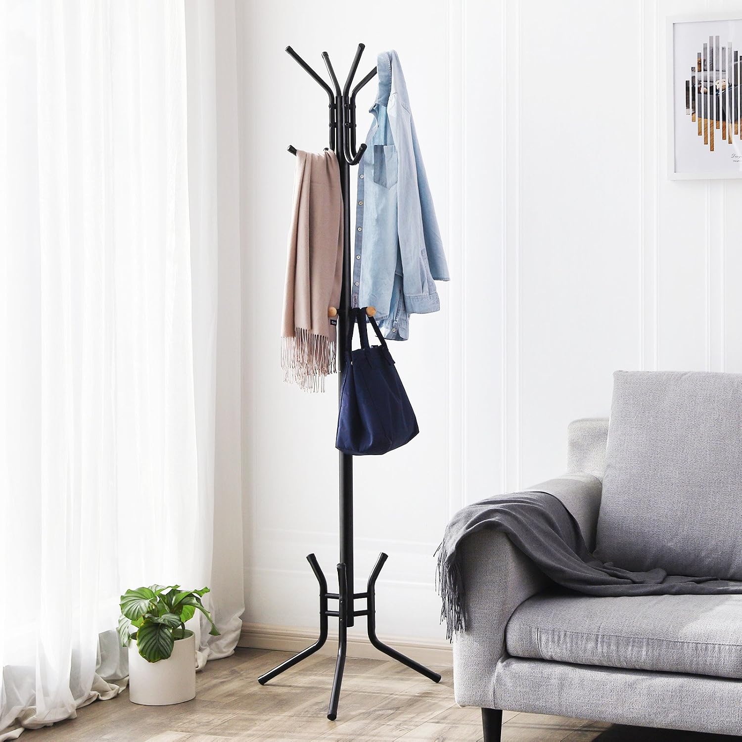 SONGMICS Coat Rack Stand Entryway Hat Purse Display Hall Tree Metal Black Finish URCR17B