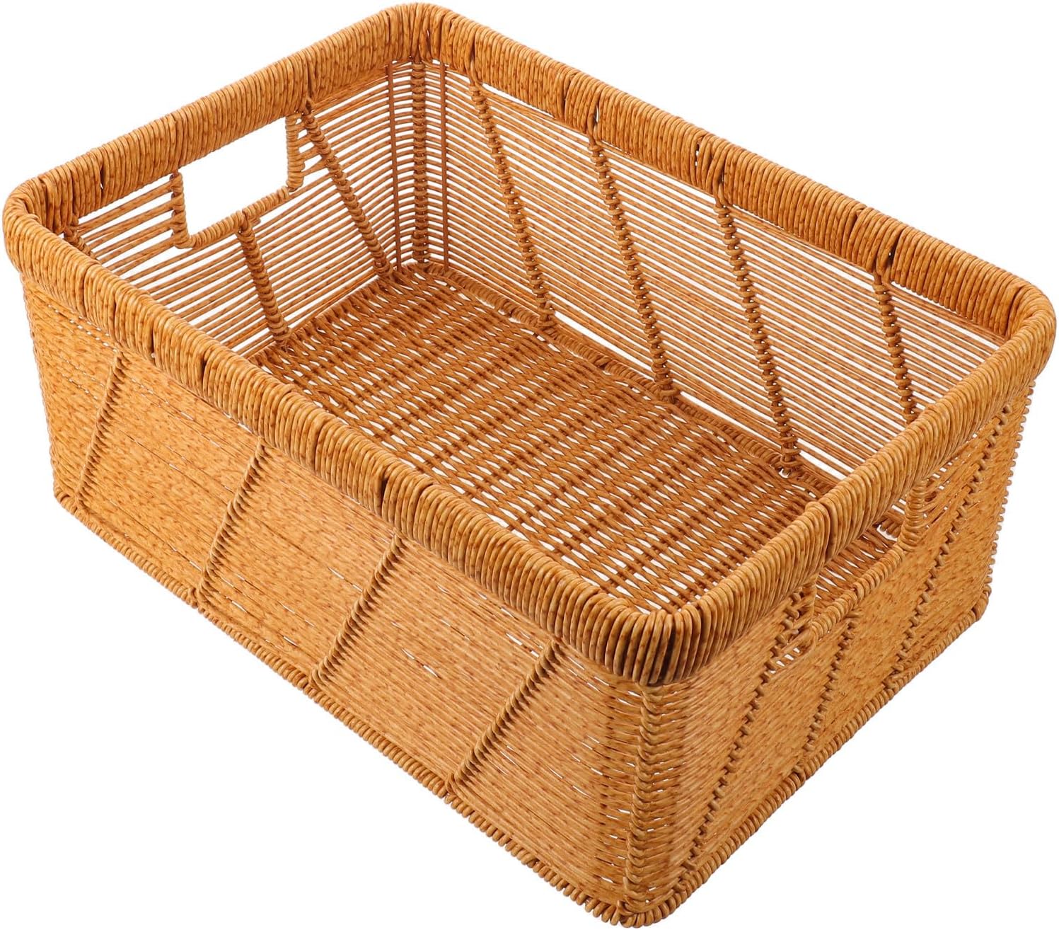 Rectangular Plastic Wicker Storage Basket with Hollowout Design, Lightweight and Strong Organizer Bin for Magazines and Documents, Natural Aesthetic Woven Container for Home
