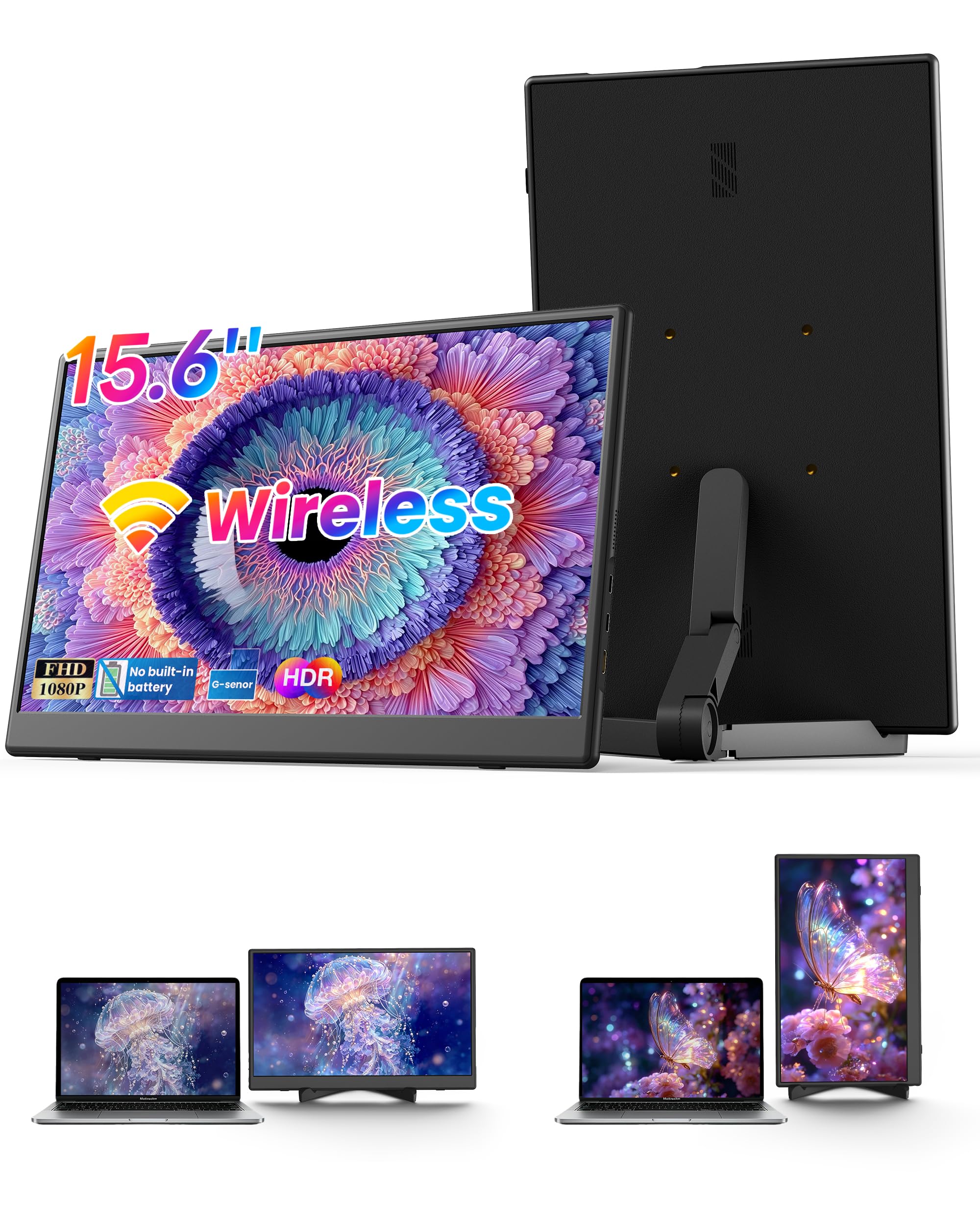 Monitor Wireless 15.6" FHD 1080P IPS con Treppiede Plug and Play | Monitor portatile portatile con Miracast, USB-C e HDMI, espansione dello schermo wireless per laptop, PC, Mac, smartphone