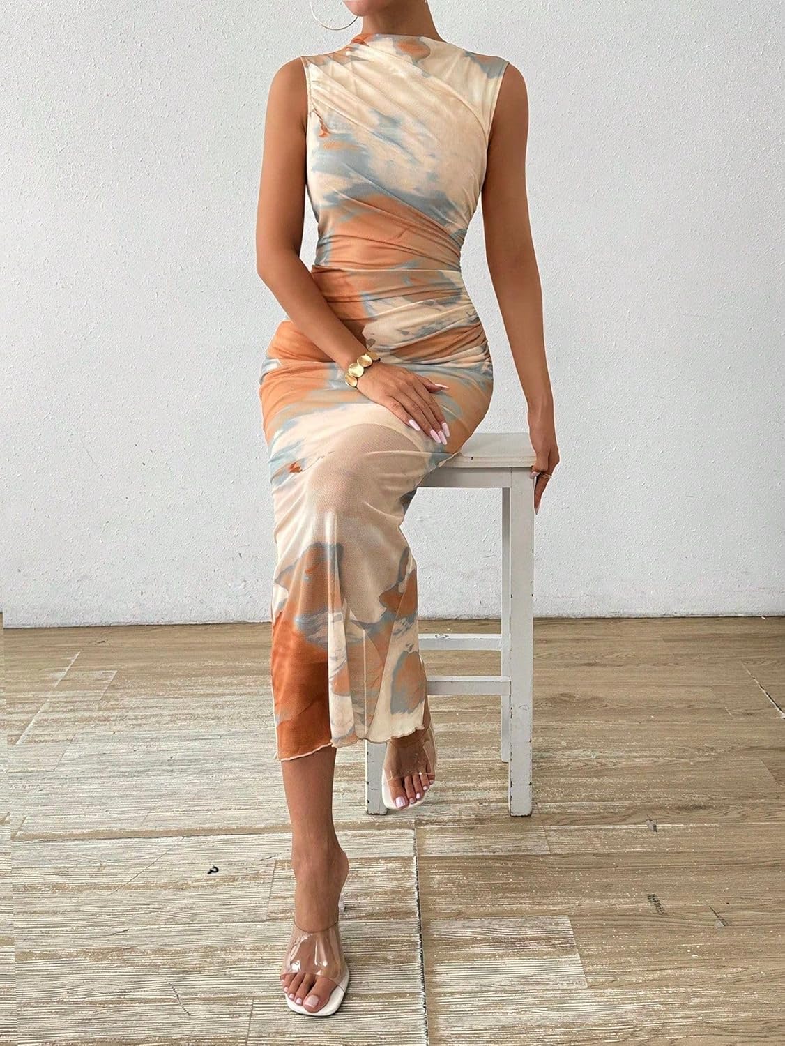 SKAYS Women's Summer Bodycon High Neck Dress Ruched Maxi Wedding Guest Sleeveless Tie Dye Long Mesh Party Slit Hem Dress - Image 5