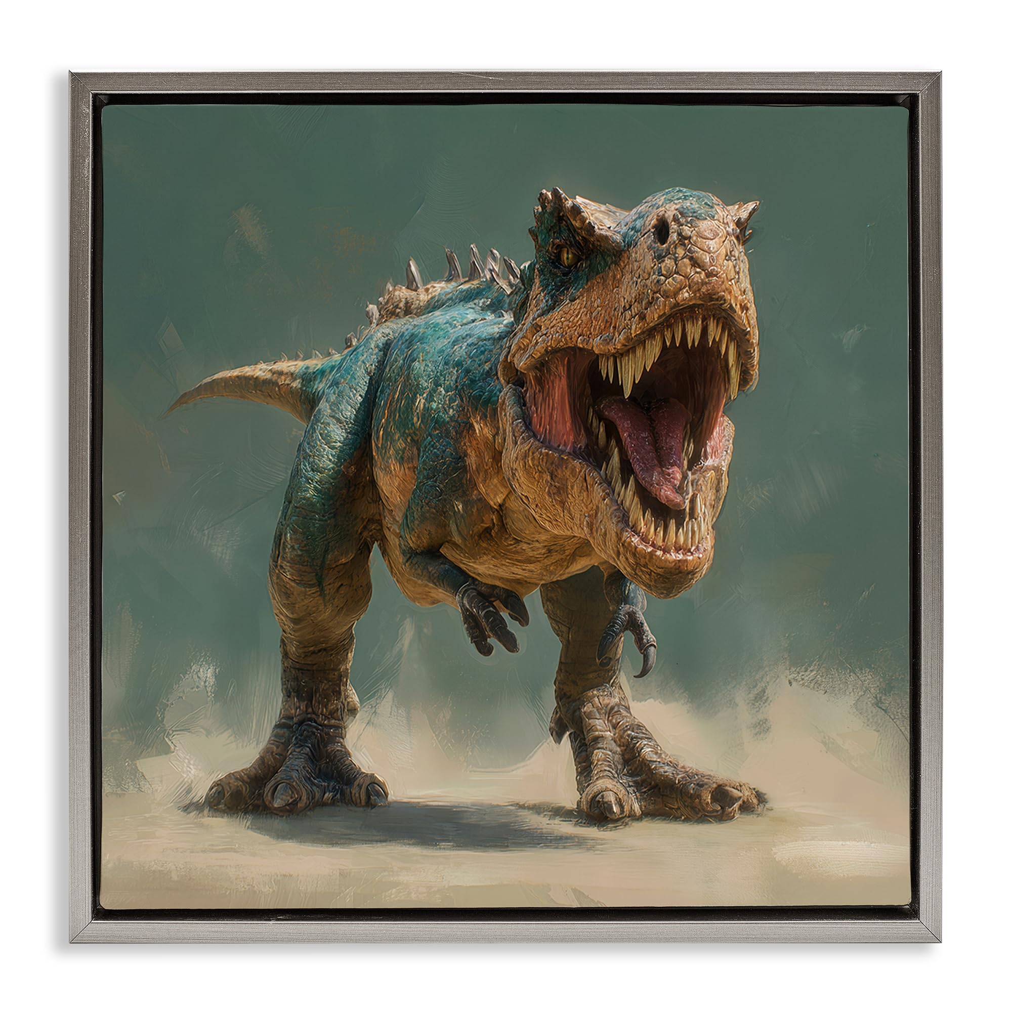Stupell Industries Luster Gray (Matte) 'Roaring T-Rex In Green'| Floating Frame Canvas Art