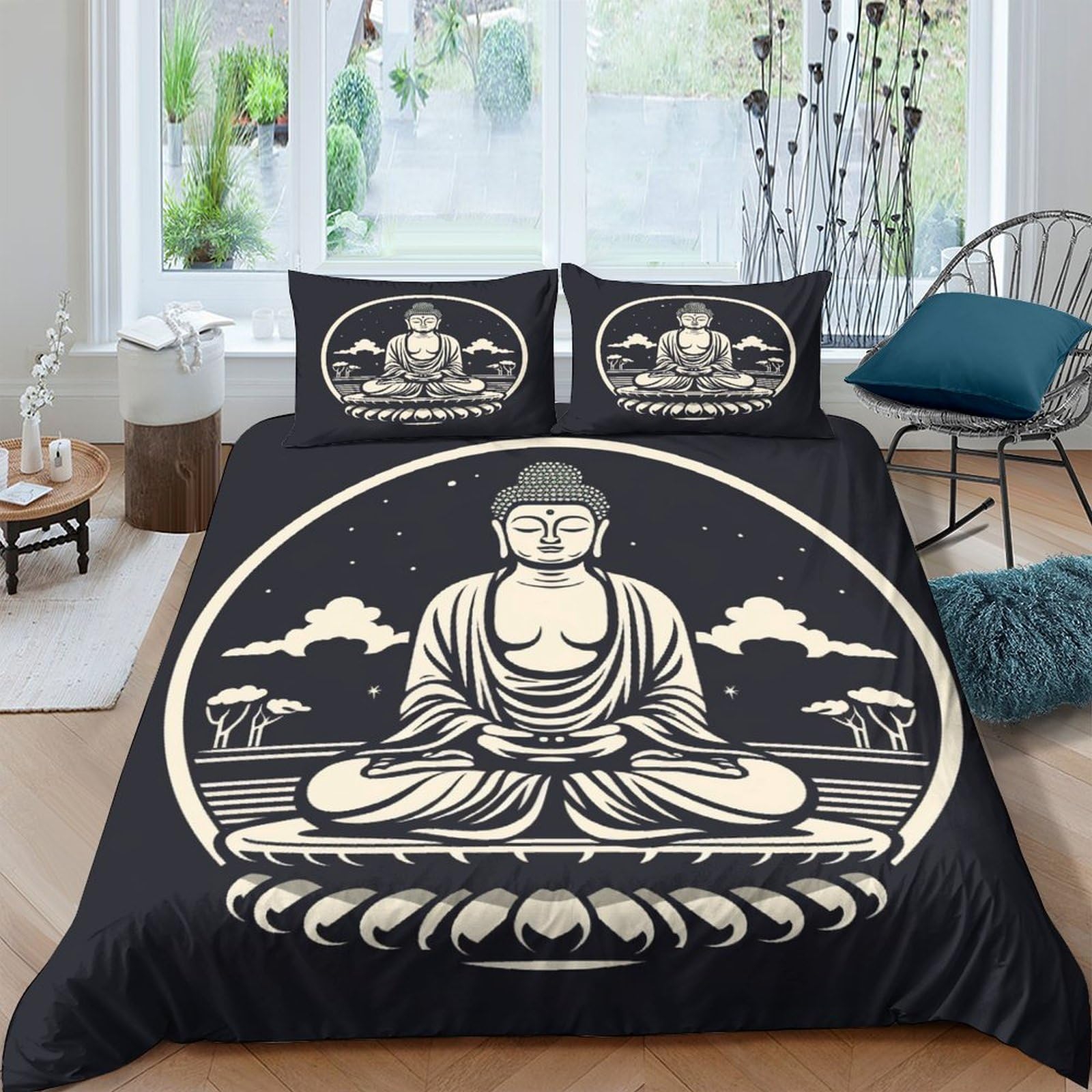 Housse de couette Bouddha parure de lit 3 pièces 220x240 fermeture éclair