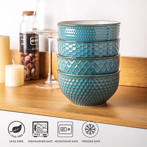 Miniatura 7 de Juego de cuencos de cerámica de cerámica para cocina, cuencos de sopa de cerámica de 22 onzas con patrones de textura para sopa, frutas, fideos,