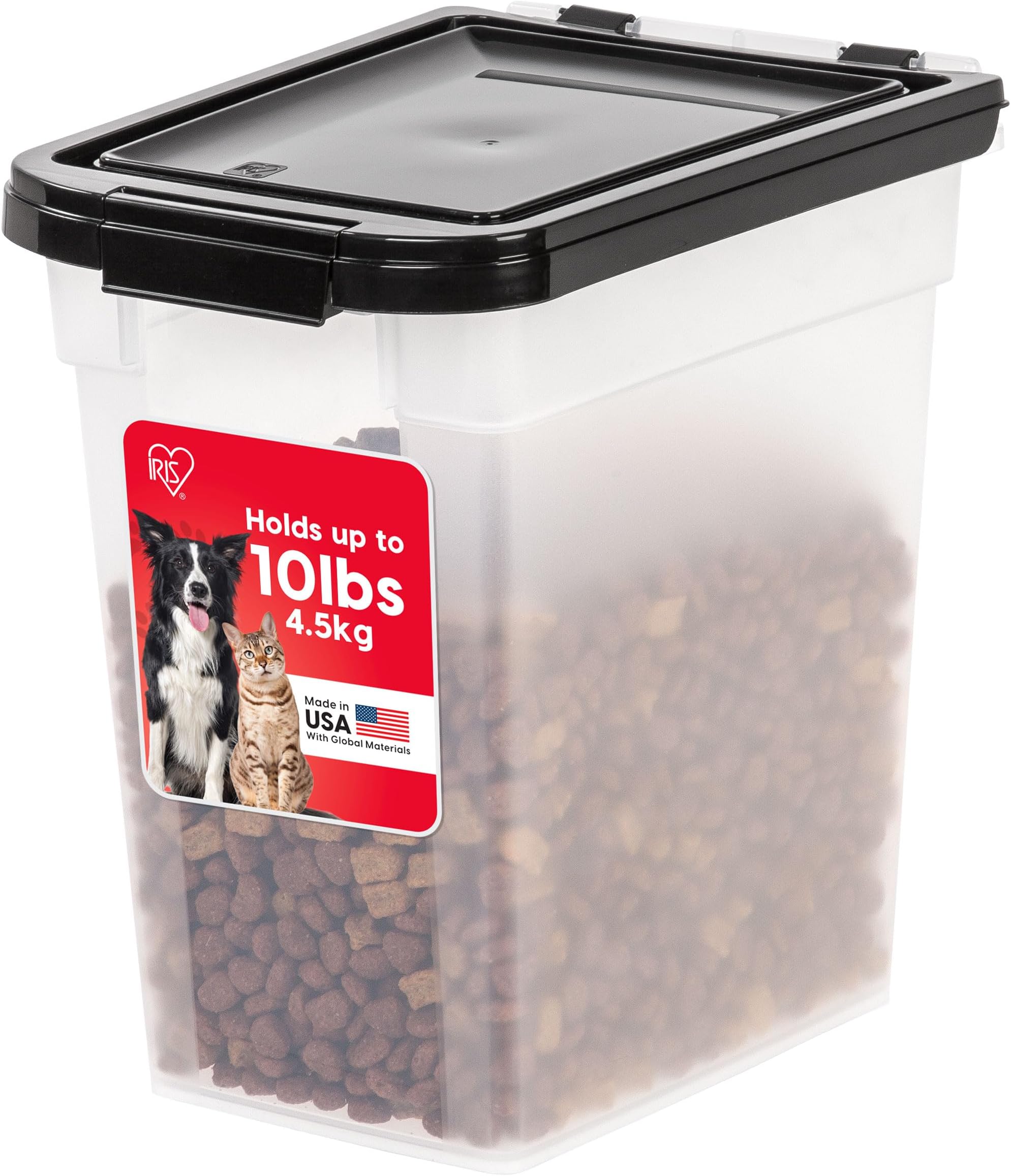 IRIS USA 10 Lbs / 12.75 Qt WeatherPro Airtight Pet Food Storage Container, for Dog Cat Bird and Other Pet Food Storage Bin, Keep Pests Out, Keep Fresh, Translucent Body, BPA Free, Clear/Black