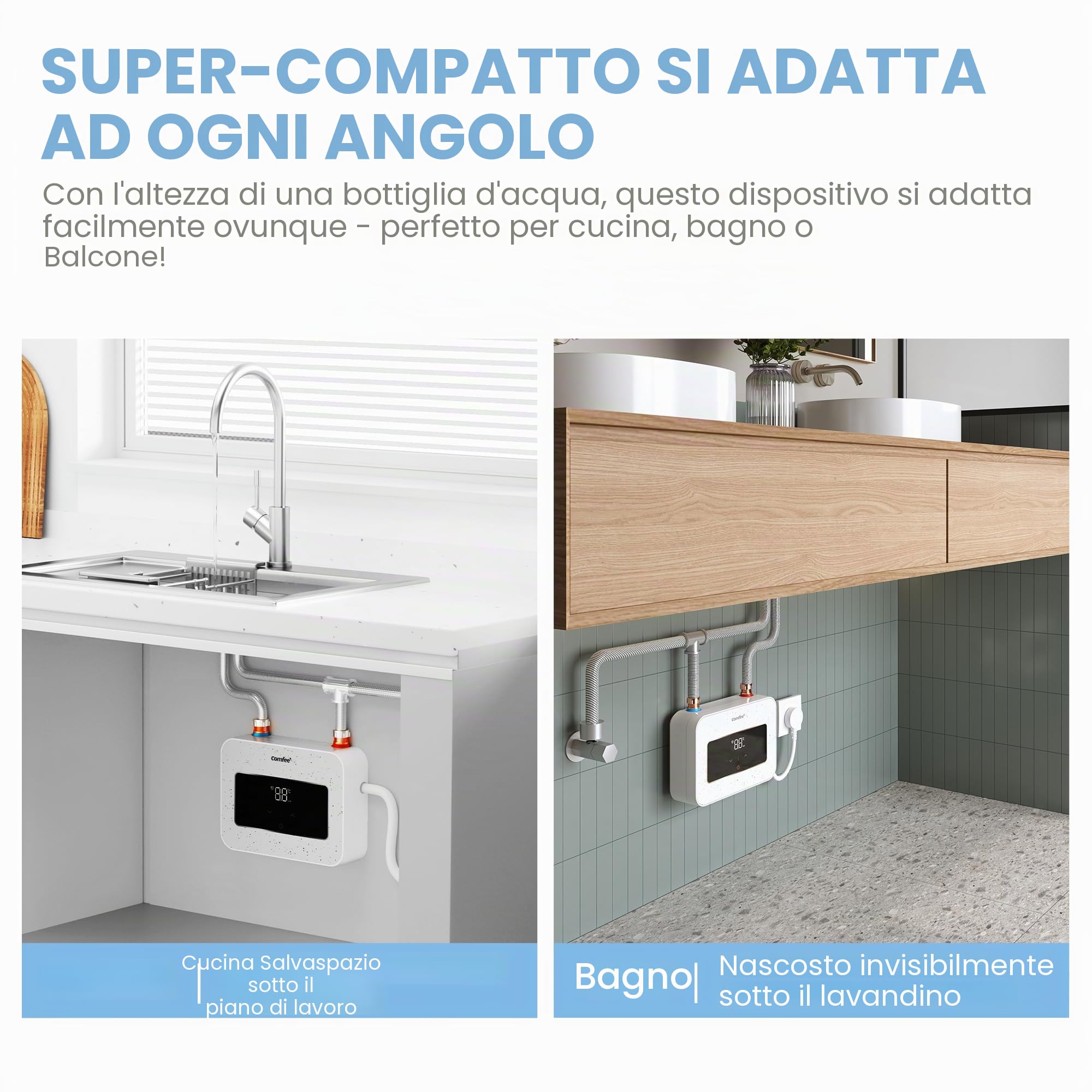 COMFEE 'CWH3.5EA1W Mini scaldabagno 3,6 kW per lavabi a mano, scaldabagno elettrico piccolo 230 V, controllata elettronicamente, resistente alla pressione, riscaldamento istantaneo, salvaspazio