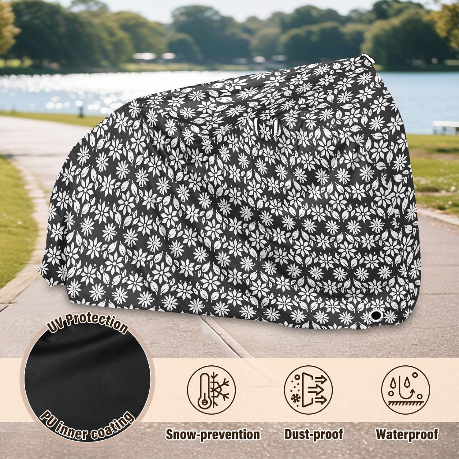 ALAZA White Geometric Floral Bike Cover Waterproof Outdoor Ebike Bicycle Covers Tarp Protection for 1/2 Bikes, Sun UV Dust Wind Proof