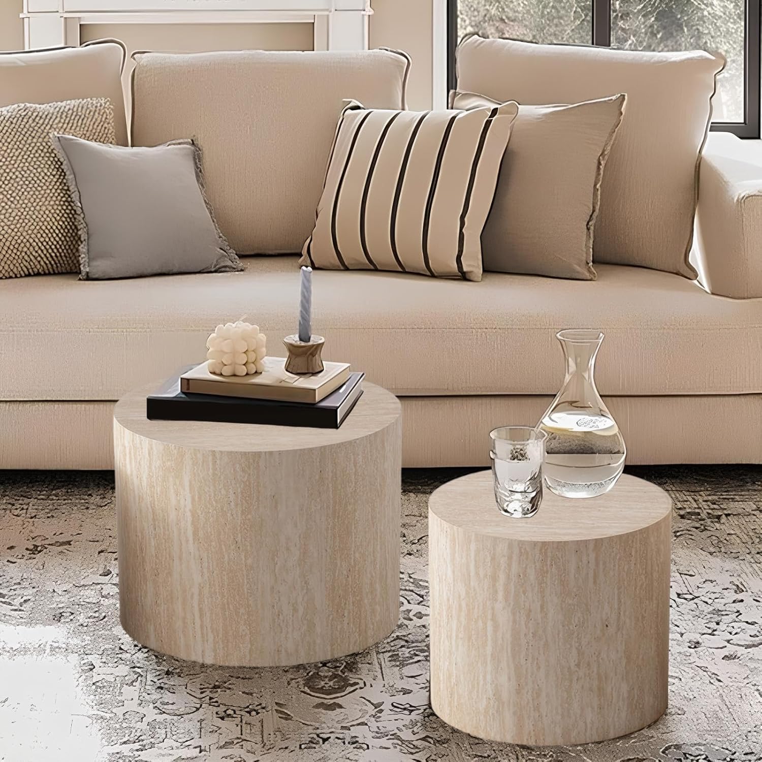 Modern Nesting Coffee Table Set of 2 Round Nesting Tables Travertine End Table with Non-Slip Feet Small Circle Accent Tables Side Table for Living Room, No Need Assembly (Travertine Small)