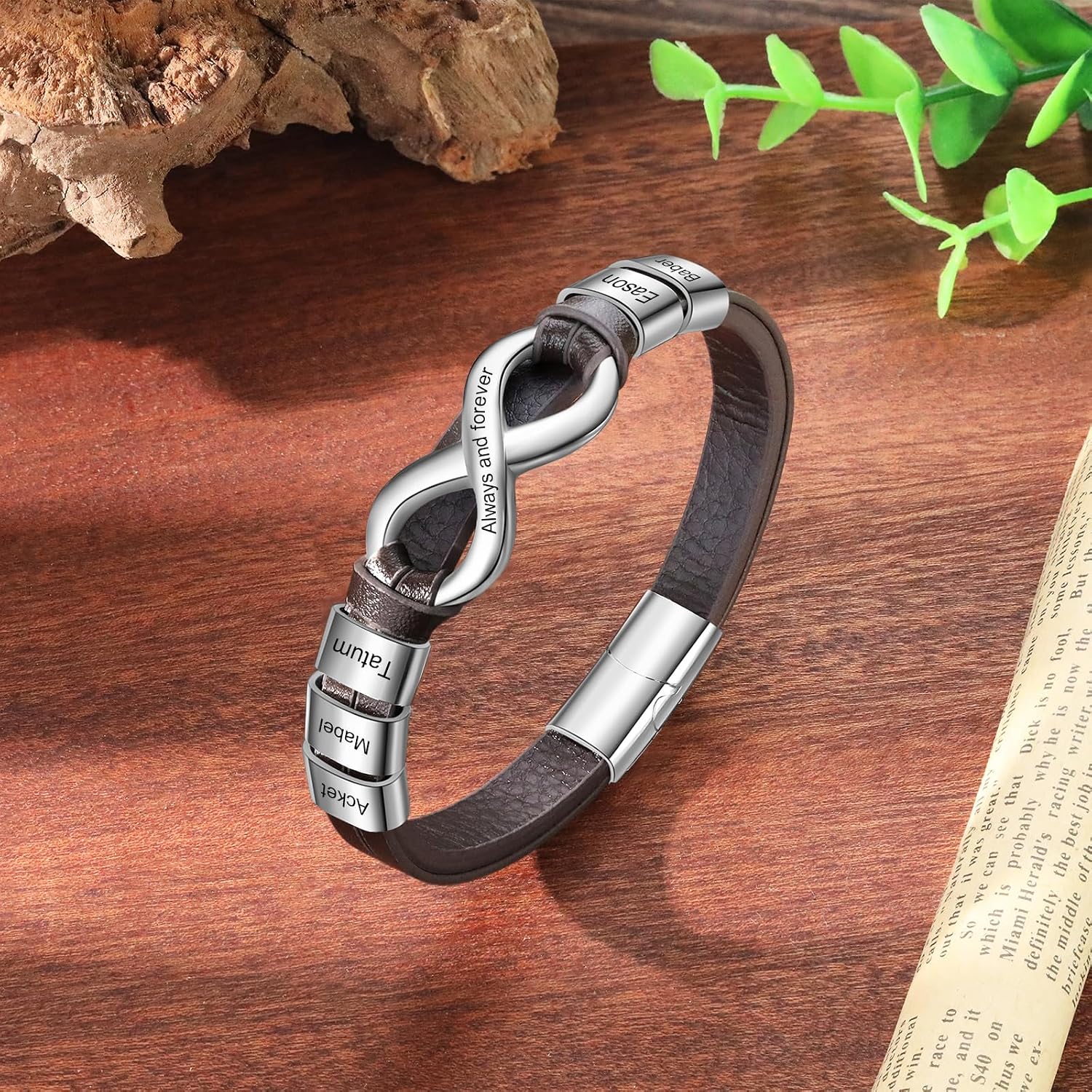 Personalized Infinity Name Bracelets for Men - Custom Mens Leather Bracelet with 2-6 Names Customized Gifts for Dad Husband Son Father's day