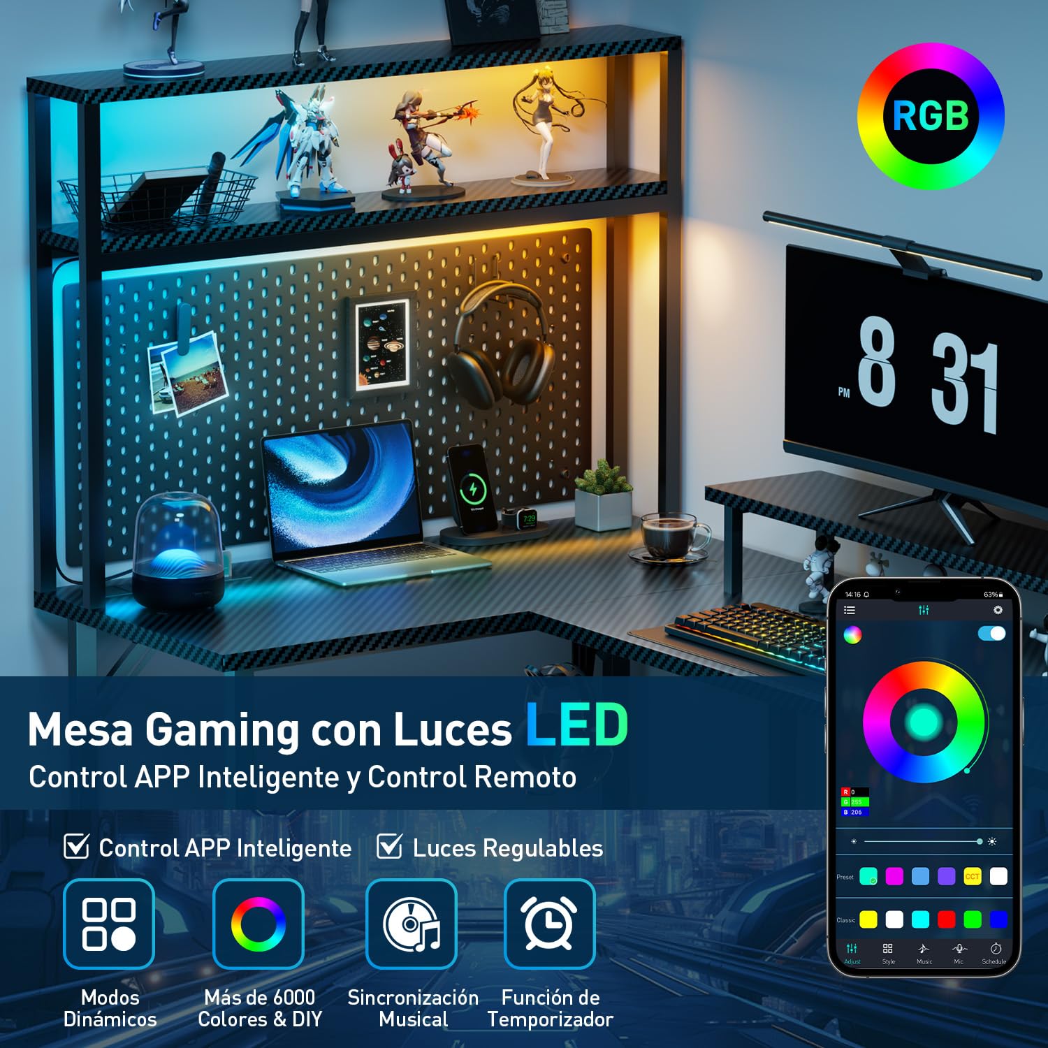 HLFURNIEU Mesa Gaming LED 150 x 100 cm, Escritorio Gaming en L con Enchufes y Puertos USB, Escritorio Esquinero con Estanteria, Mesa Gamer con Soporte para Monitor, Mesa Oficina Negro