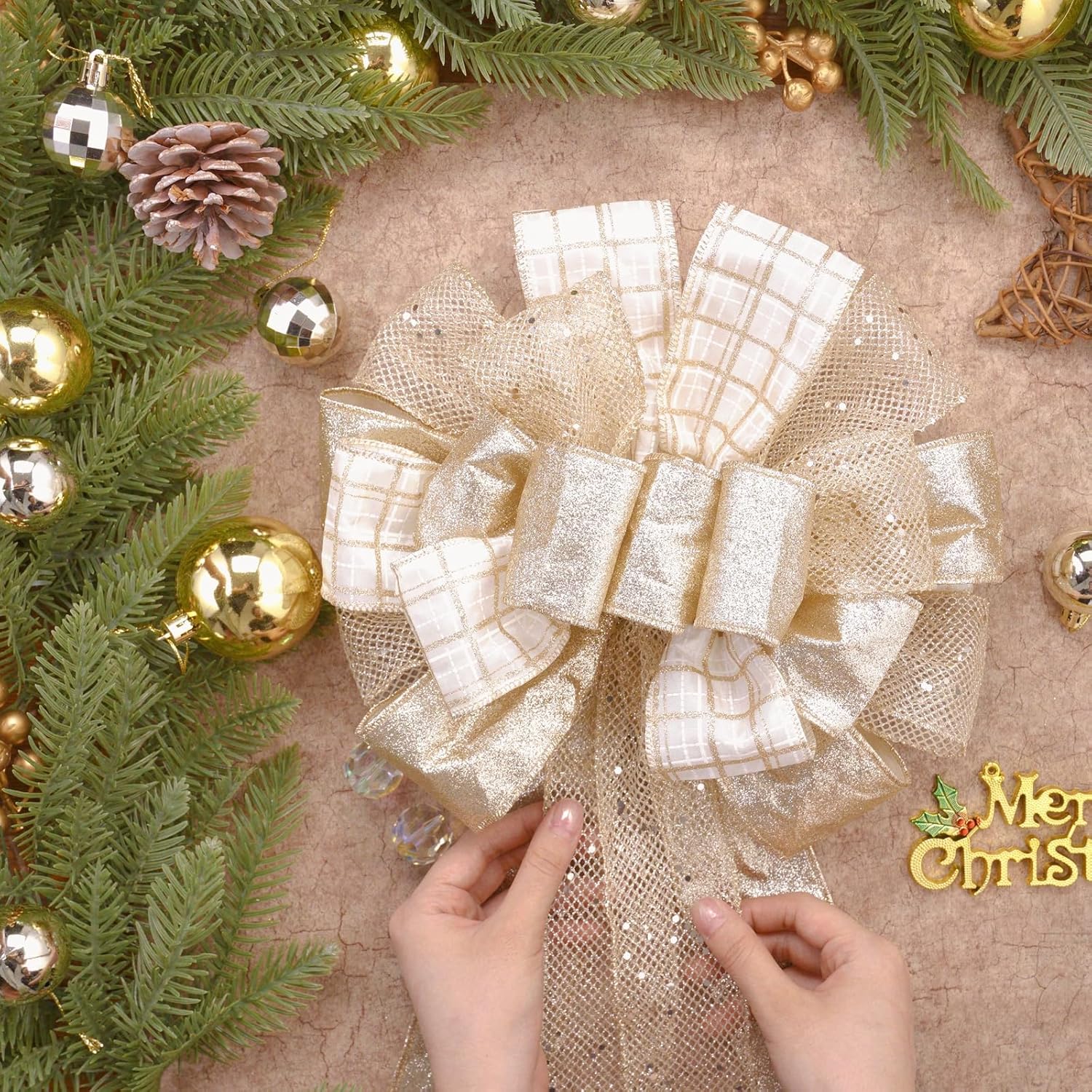 Christmas Tree Topper Bow 52x12“ Christmas Ornament with Glitter Satin Mesh Streamer,for Your Christmas Decor & Ornaments (Champagne Gold) - Image 6